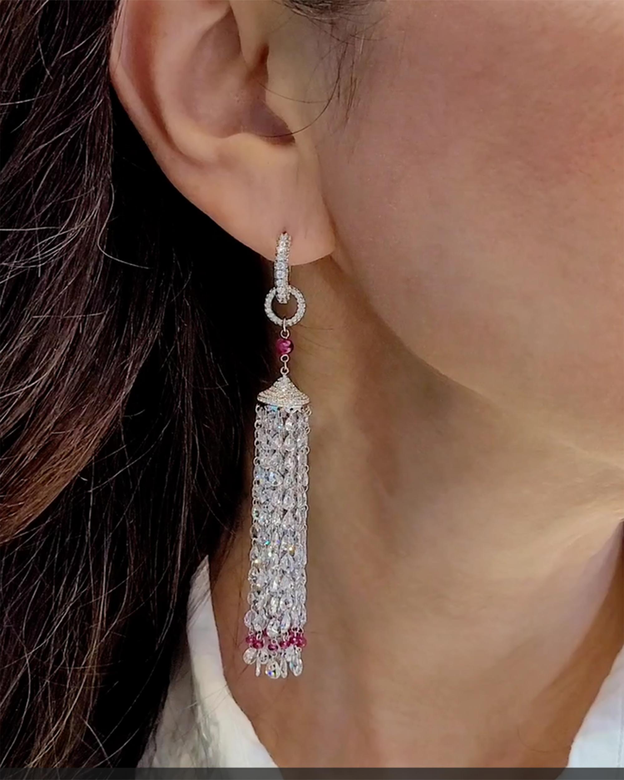 Rose Cut Diamond Ruby Tassel Earrings in Platinum For Sale
