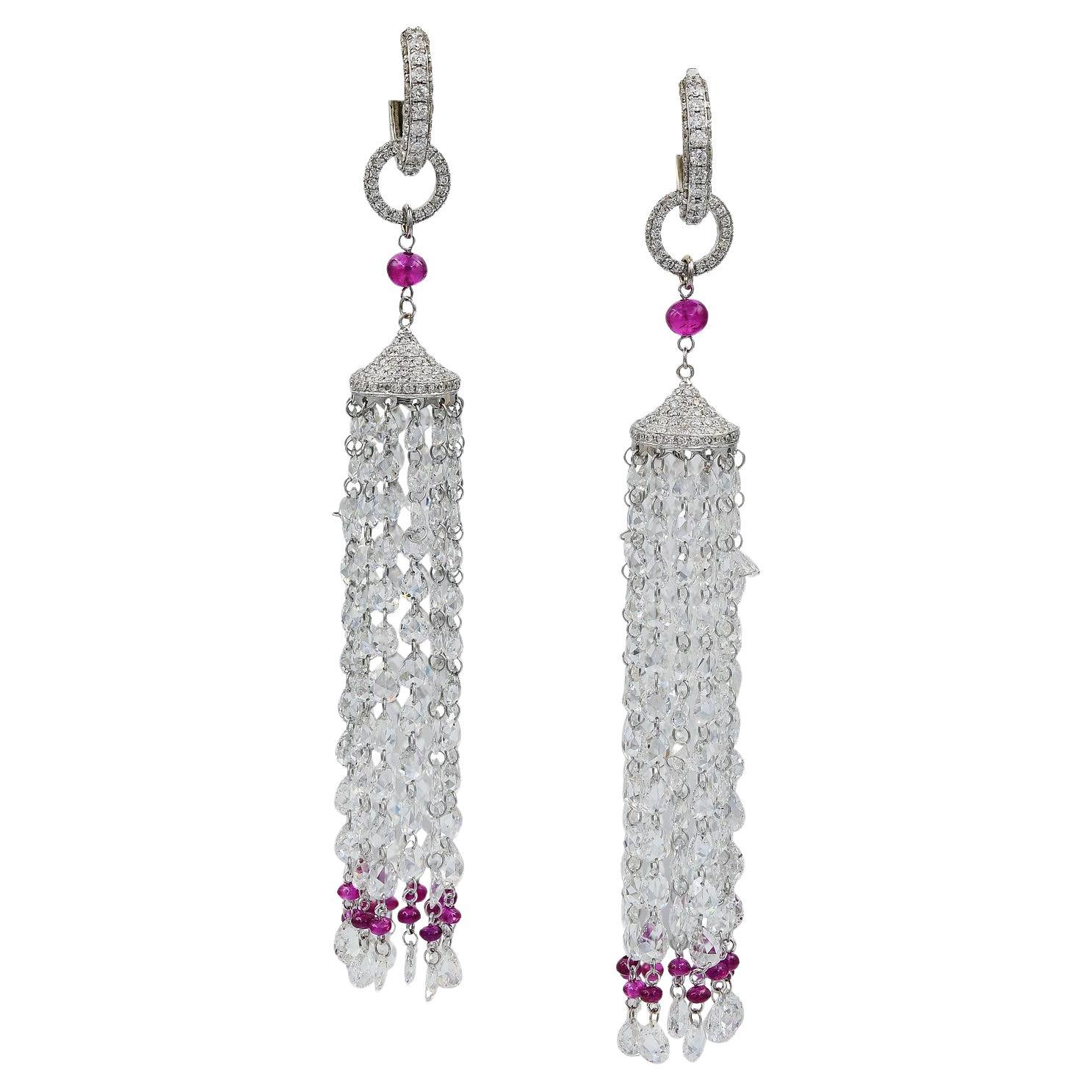 Diamond Ruby Tassel Earrings in Platinum For Sale