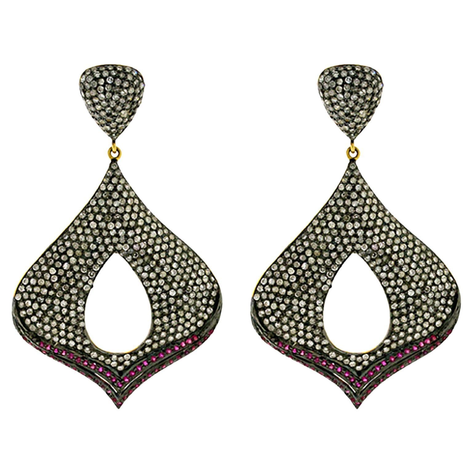 Diamond 
Ruby Teardrop Victorian Style Statement Earrings In 18K Gold 
Silver For Sale