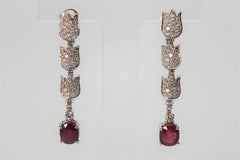 Diamond Ruby Triple Drop Floral Inspired 18 Karat White Gold Earrings by Mikawa