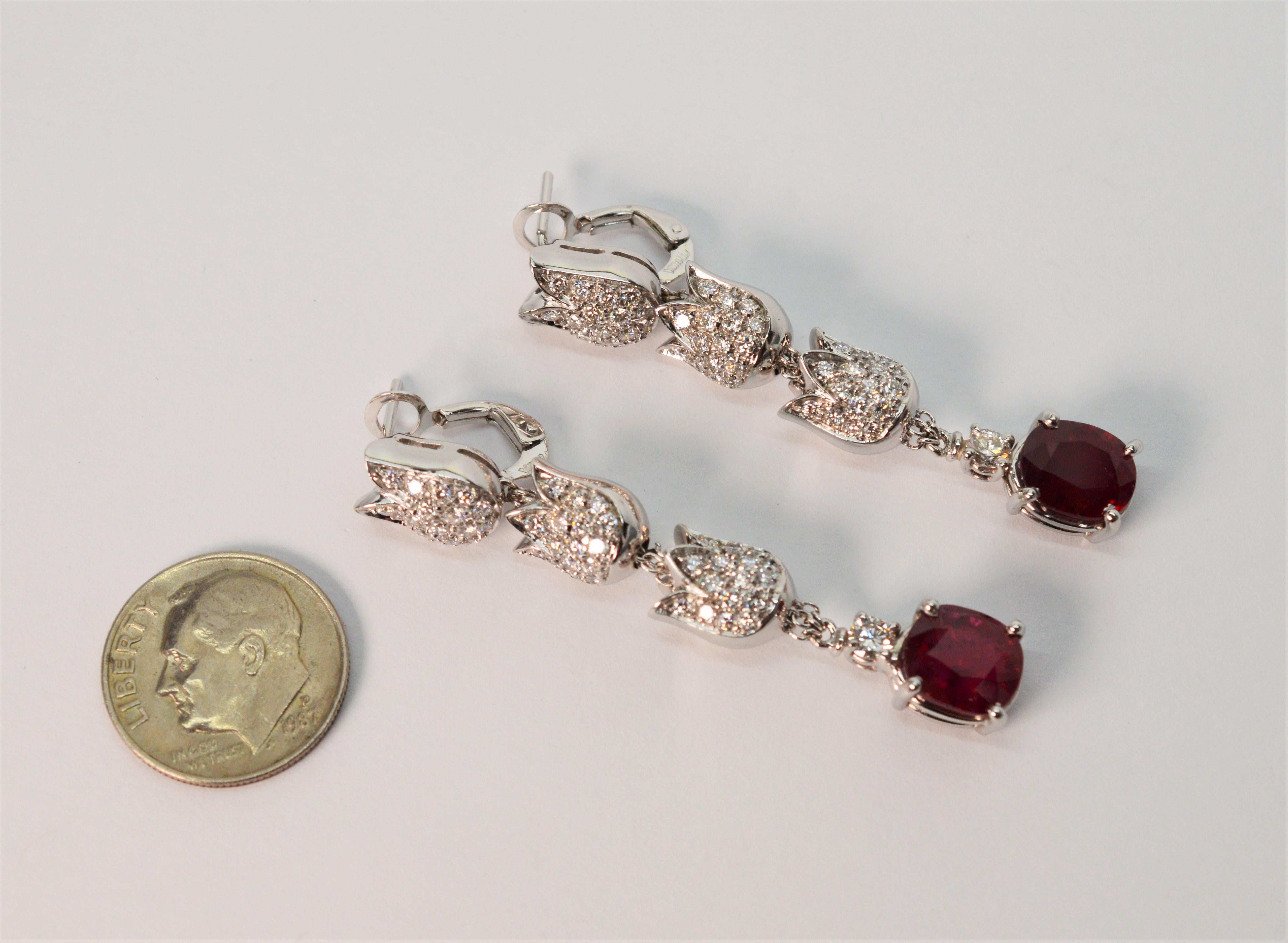 Oval Cut Diamond Ruby Triple Drop Floral Inspired 18 Karat White Gold Earrings by Mikawa For Sale