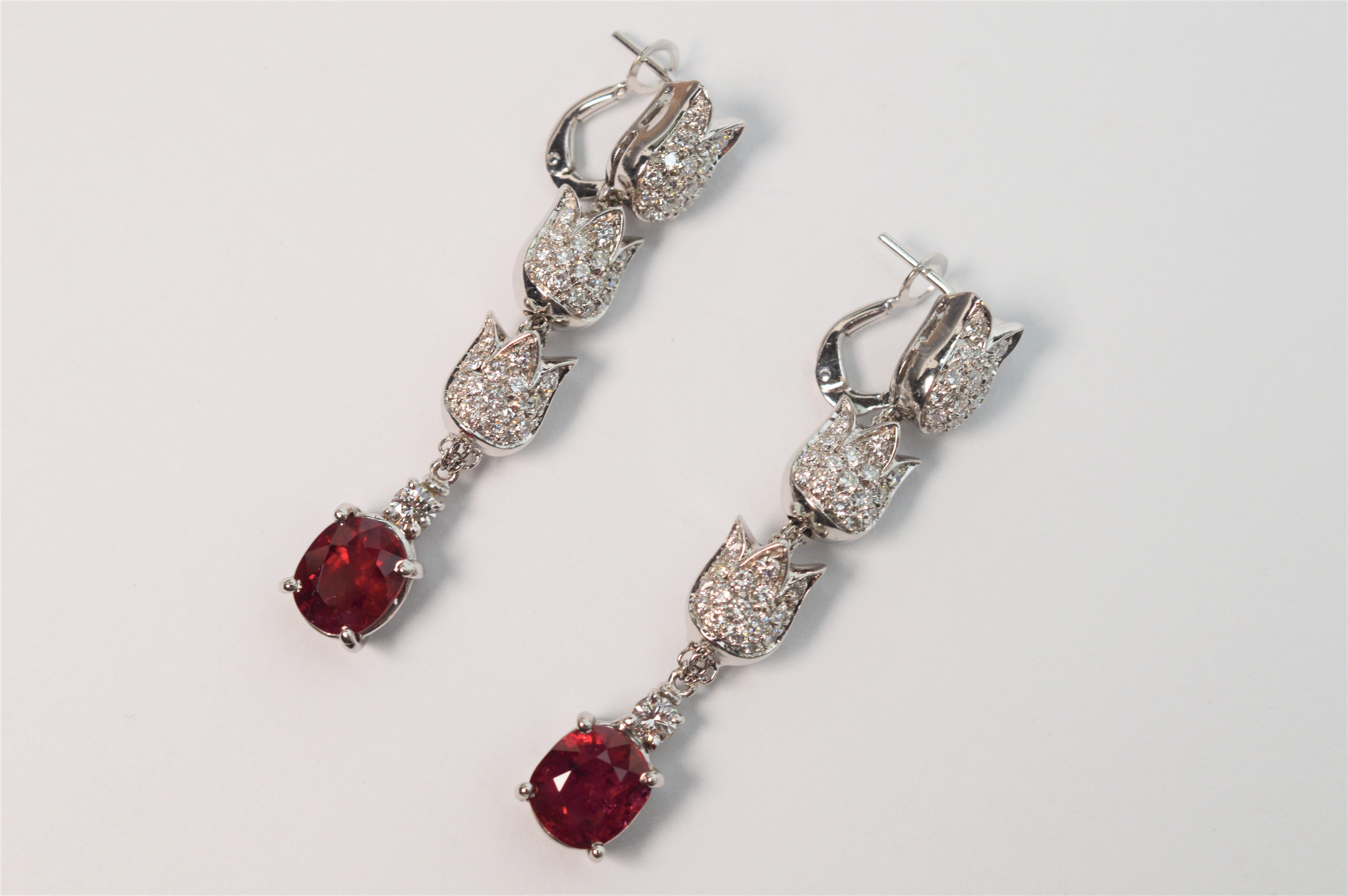 Diamond Ruby Triple Drop Floral Inspired 18 Karat White Gold Earrings by Mikawa For Sale 1