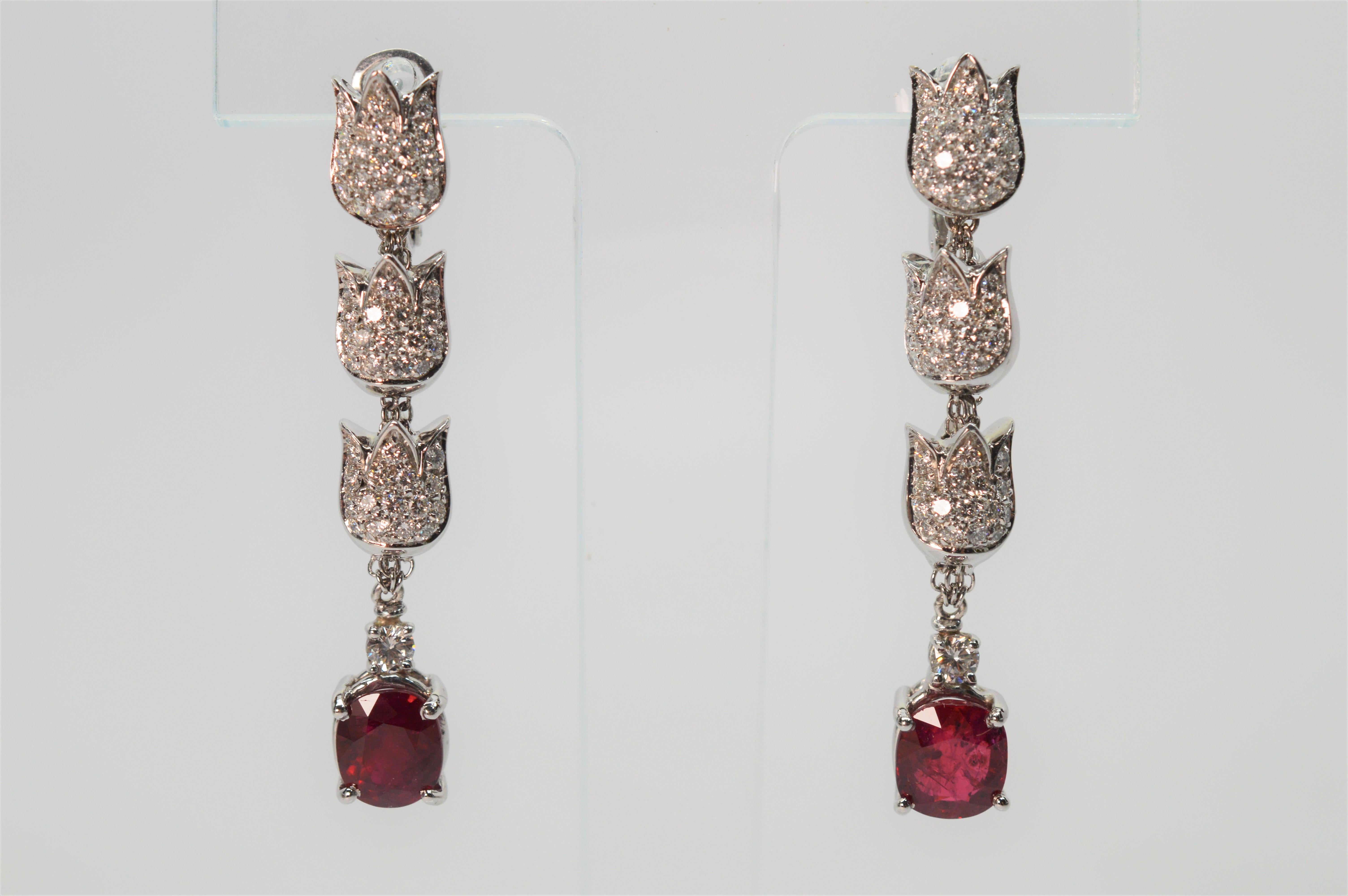 Diamond Ruby Triple Drop Floral Inspired 18 Karat White Gold Earrings by Mikawa For Sale 2