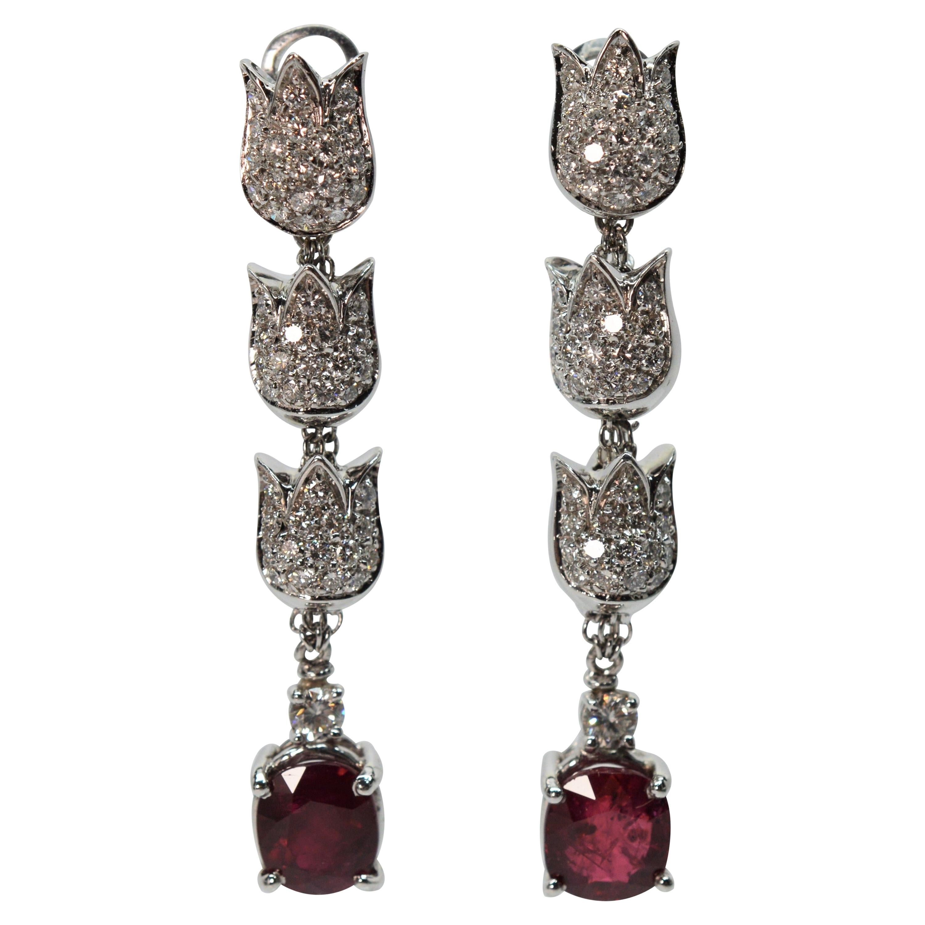 Diamond Ruby Triple Drop Floral Inspired 18 Karat White Gold Earrings by Mikawa For Sale