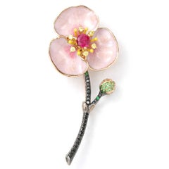 Diamond, Ruby, Tsavorite And Enamel Flower Pin In Multi Tone Gold