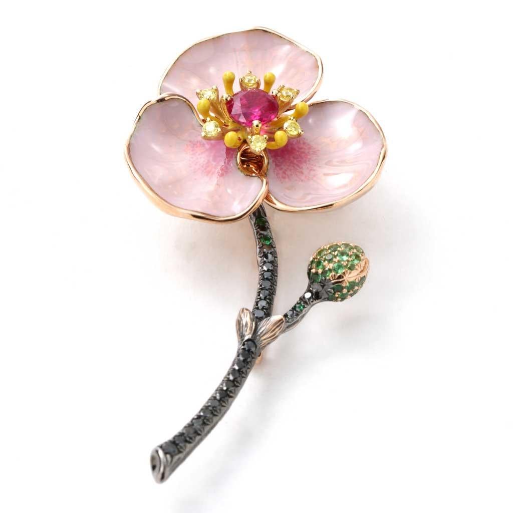 Art Nouveau Diamond, Ruby, Tsavorite And Enamel Flower Pin In Multi Tone Gold For Sale