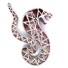 Diamond Ruby Tsavorite Serpent Pin 18 Karat White Gold Brooch
