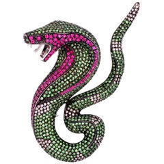 Diamond Ruby Tsavorite Serpent Pin 18 Karat White Gold Brooch