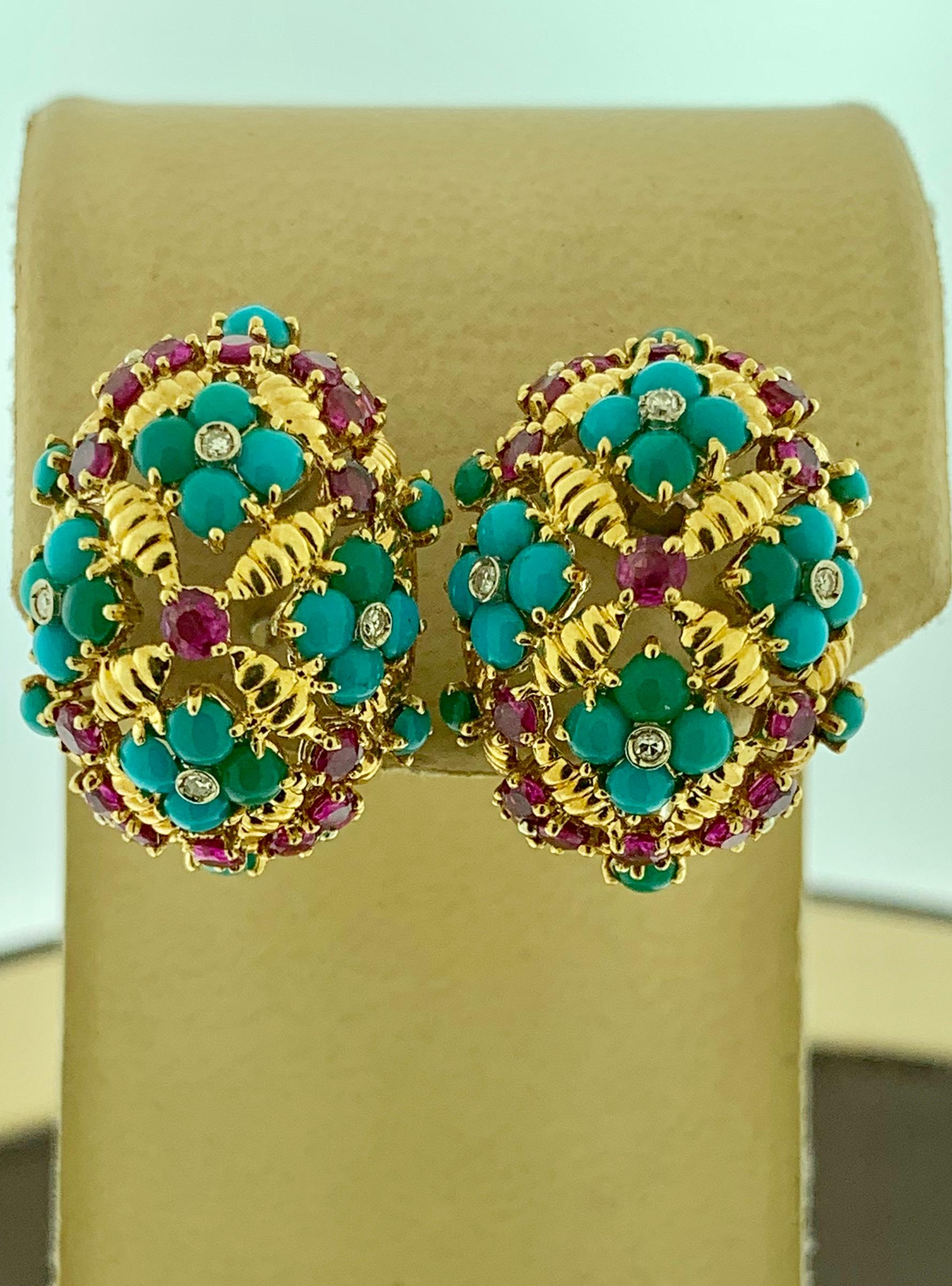 Round Cut Diamond Ruby and Turquoise Clip Earrings in 18 Karat Yellow Gold 17 Grams