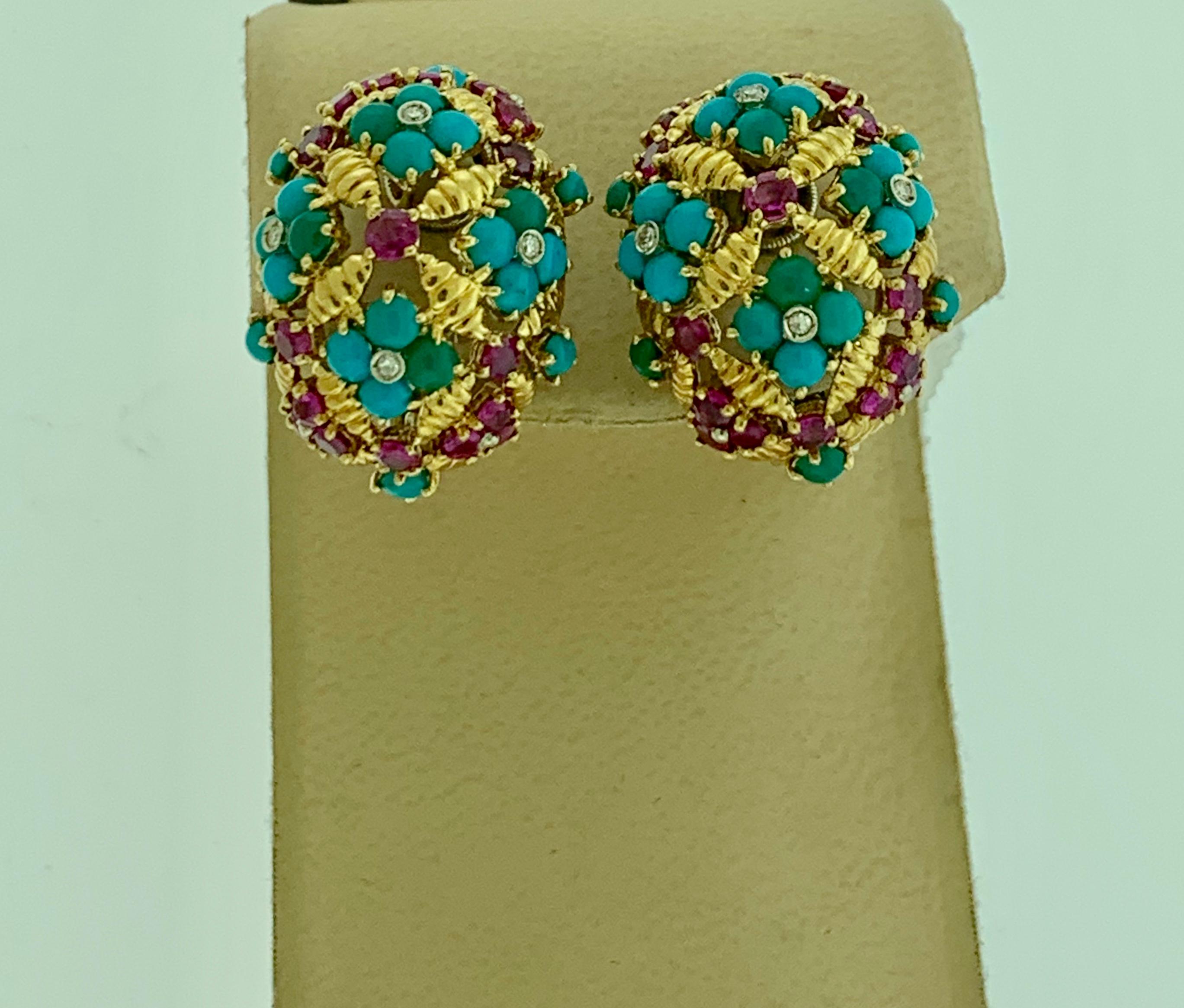 Diamond Ruby and Turquoise Clip Earrings in 18 Karat Yellow Gold 17 Grams In Excellent Condition In New York, NY
