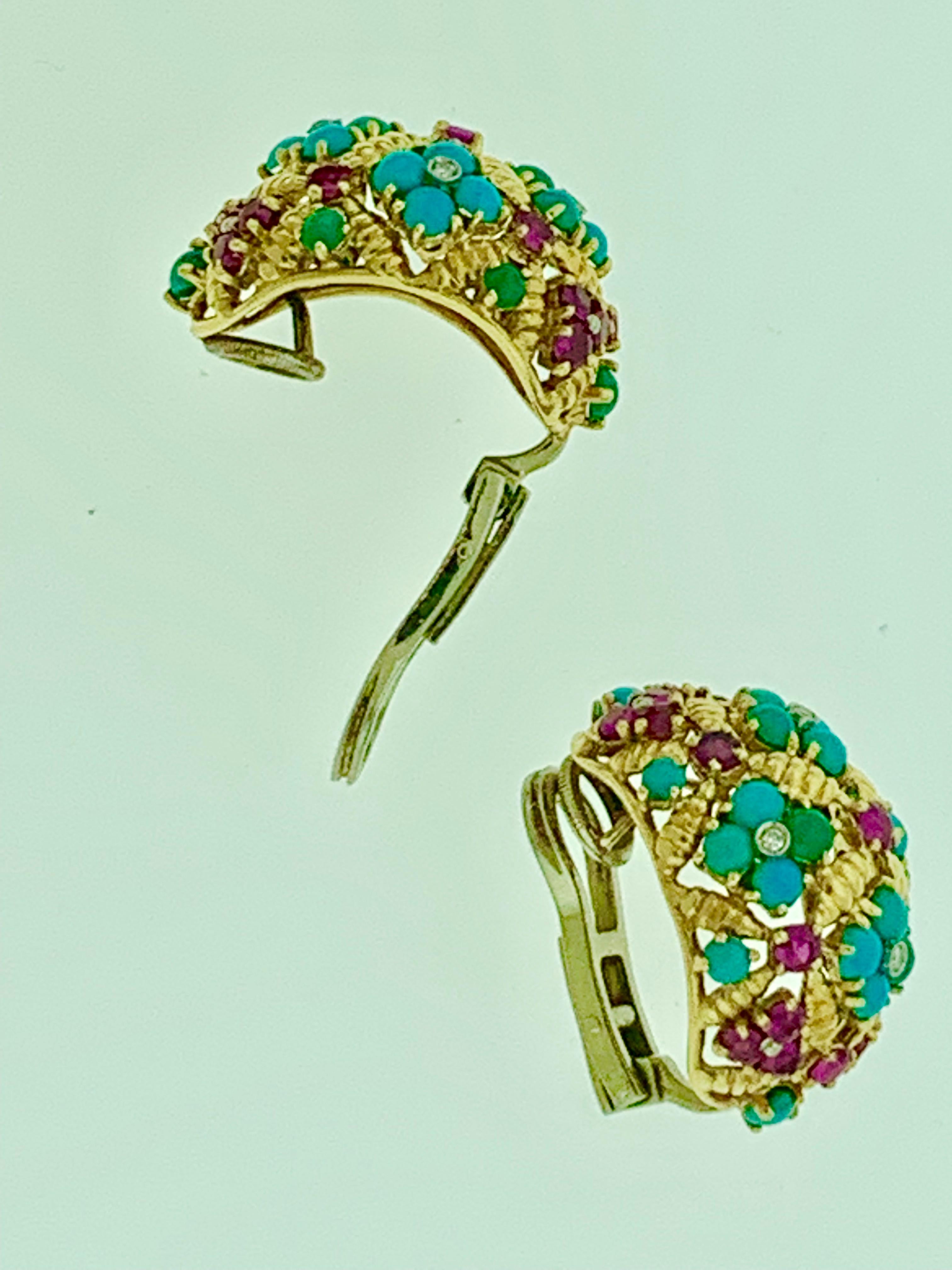 Women's Diamond Ruby and Turquoise Clip Earrings in 18 Karat Yellow Gold 17 Grams