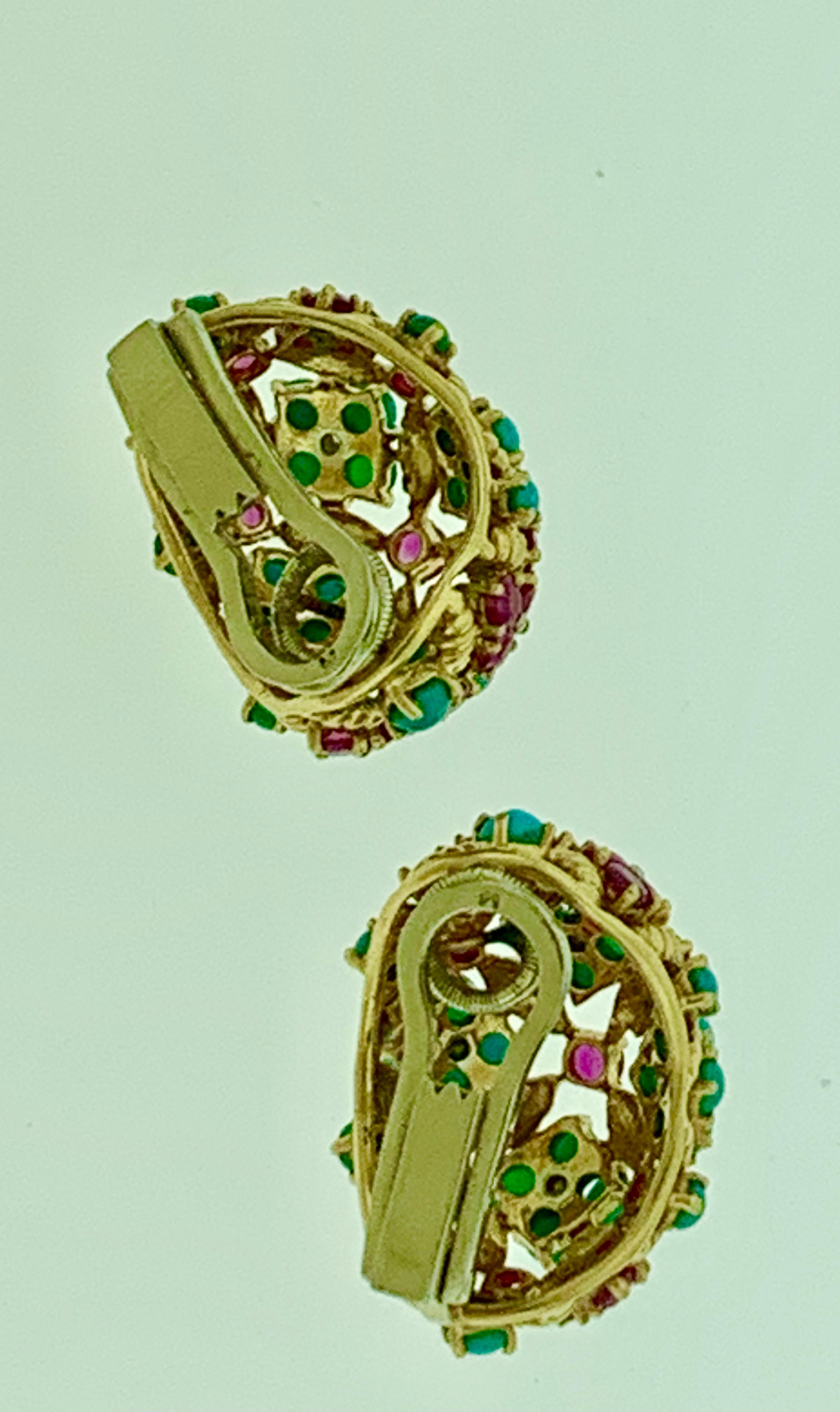 Diamond Ruby and Turquoise Clip Earrings in 18 Karat Yellow Gold 17 Grams 1