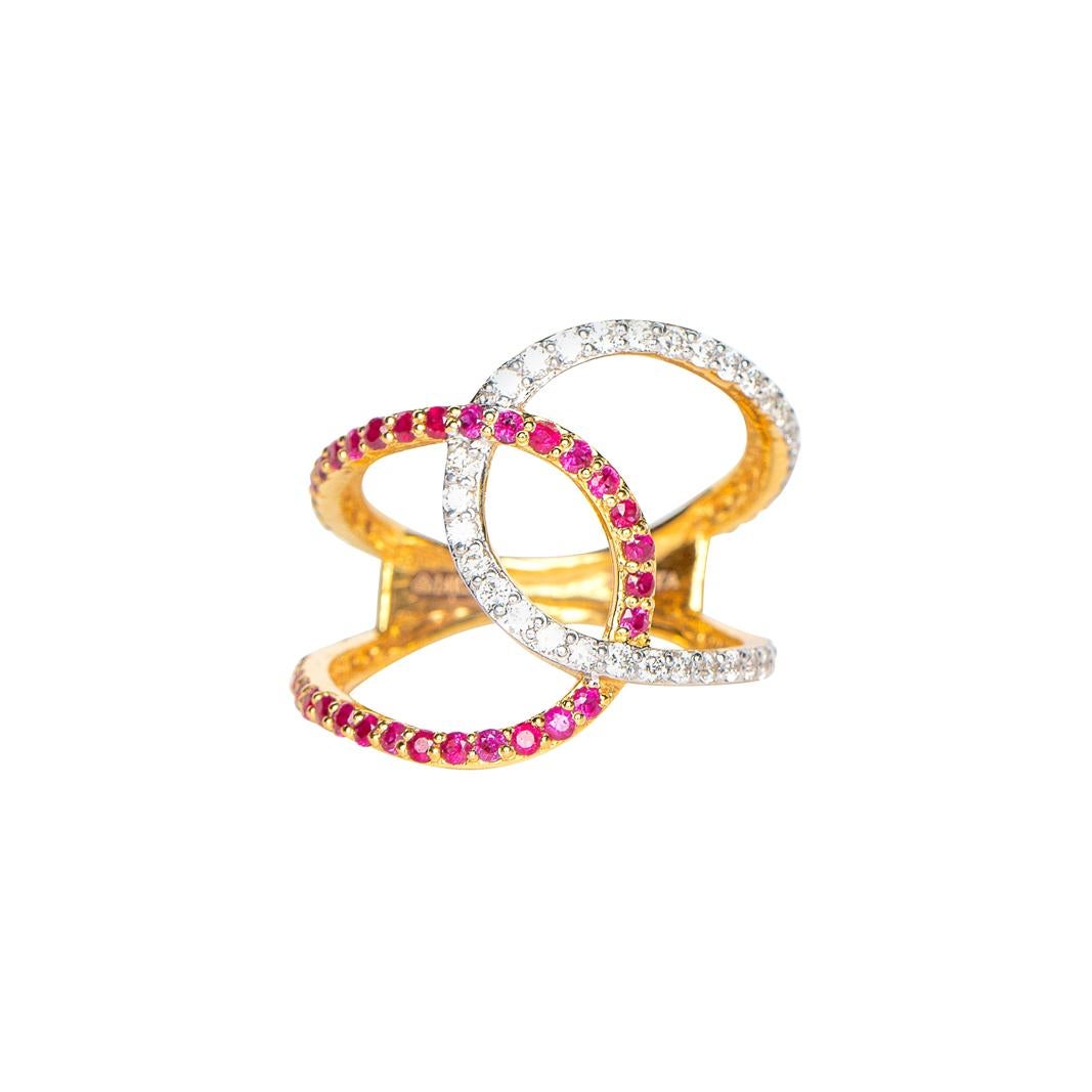 Diamond and Ruby Twisted Statement Ring in 14 Karat Yellow Gold For Sale