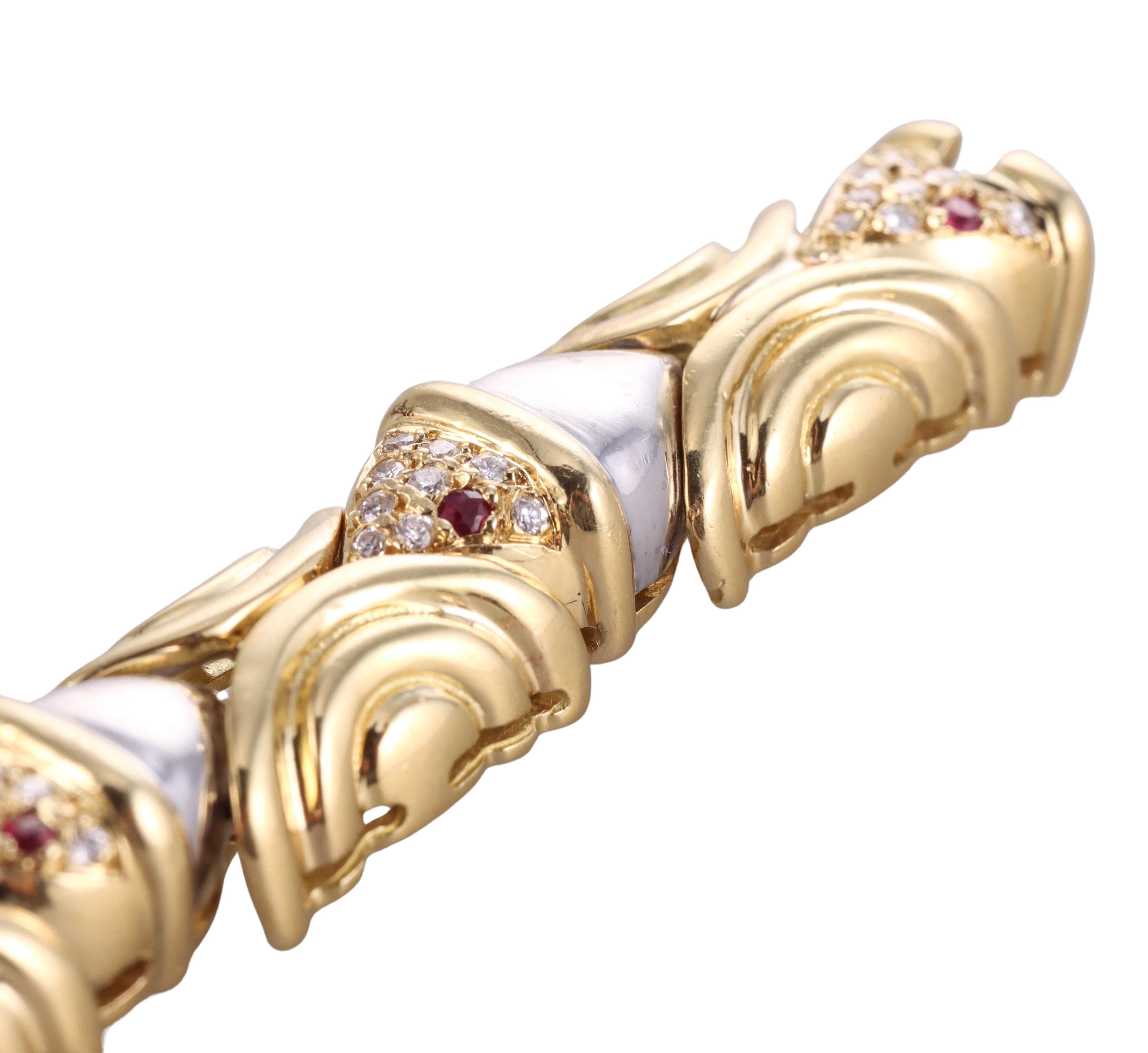 Round Cut Diamond Ruby Two Tone Gold Fish Bracelet For Sale