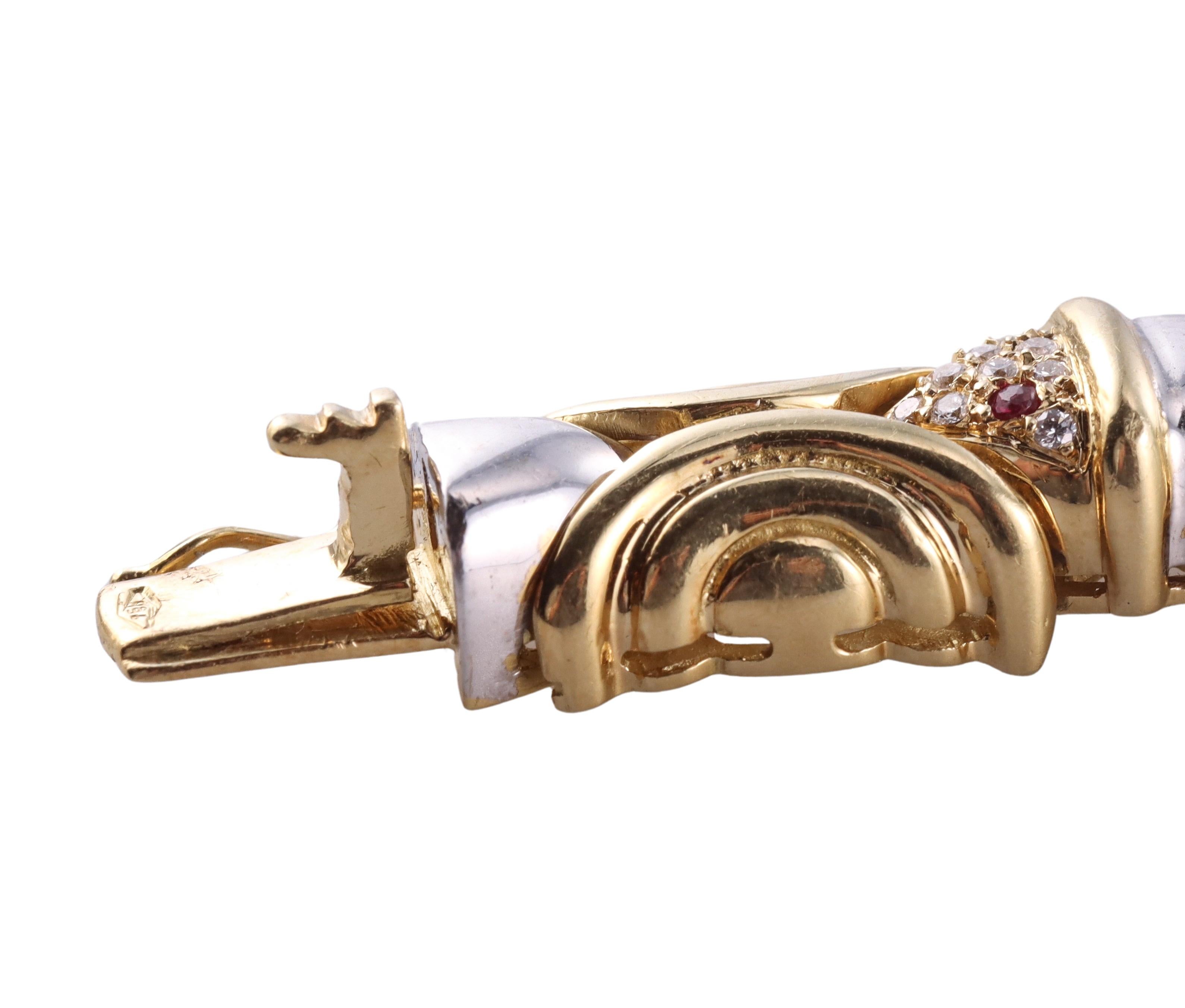 Diamond Ruby Two Tone Gold Fish Bracelet In Excellent Condition For Sale In New York, NY