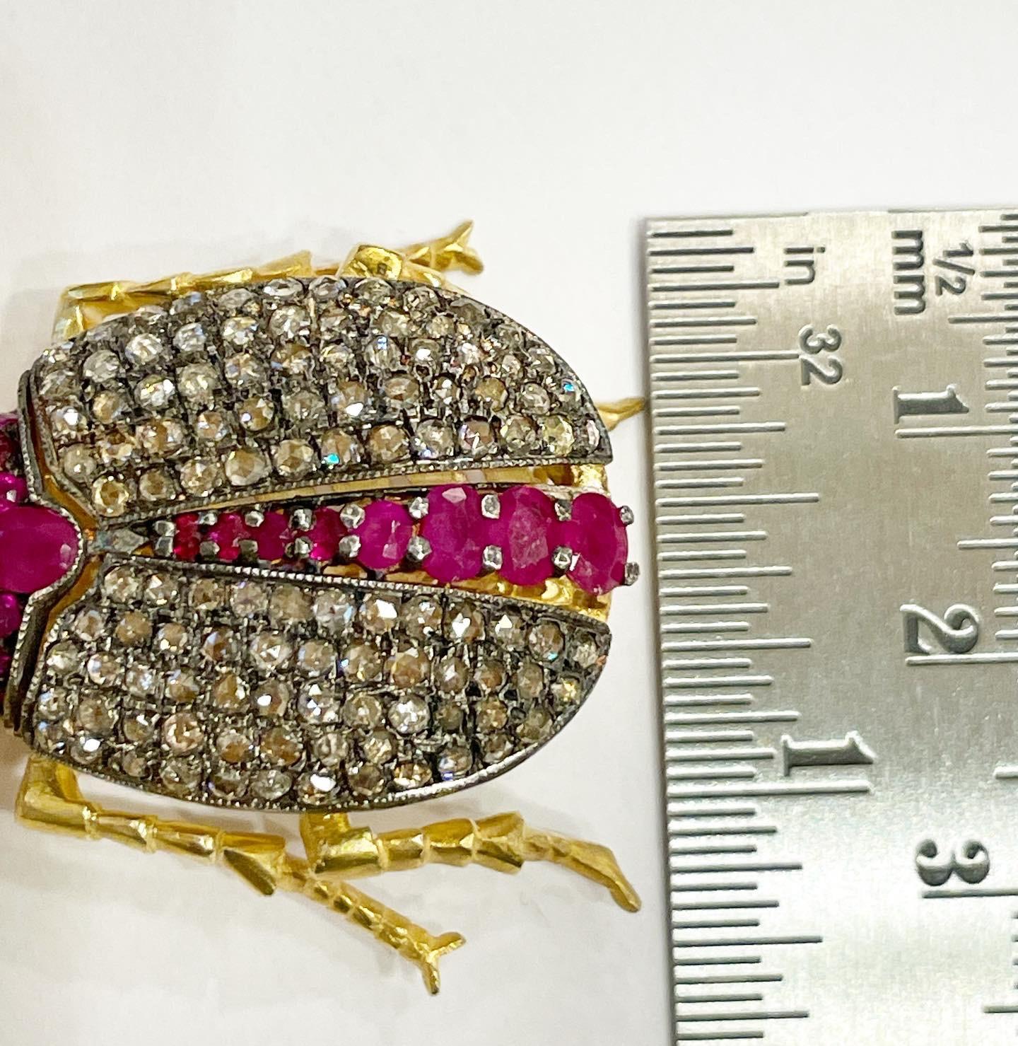 Rose Cut Diamond, Ruby Vermeil Silver Beetle Articulated Brooch-Pendant In Good Condition In Pamplona, Navarra