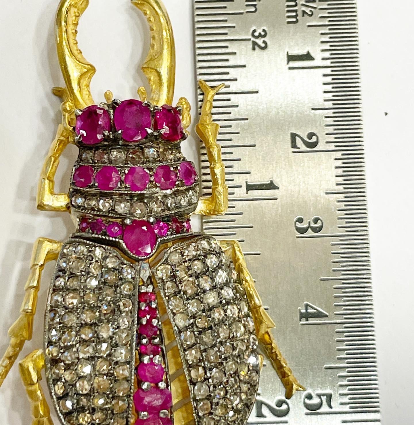 Women's or Men's Rose Cut Diamond, Ruby Vermeil Silver Beetle Articulated Brooch-Pendant