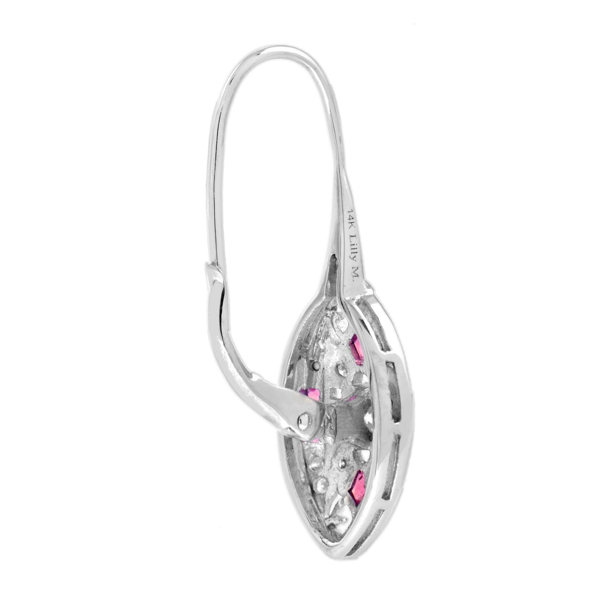 Taglio brillante Orecchini in oro bianco con diamante e rubino di ispirazione Art Déco a forma di marquise in vendita