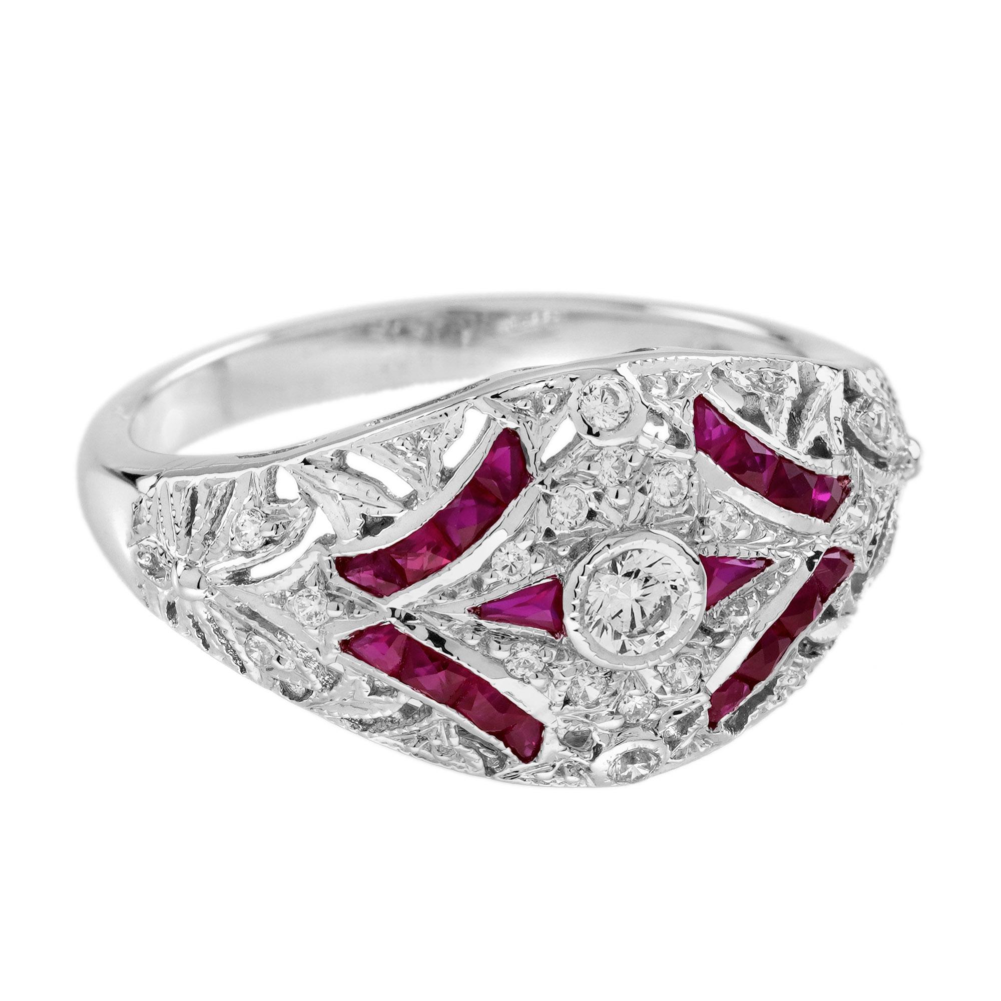 Discover unparalleled elegance with our exquisite Diamond Ruby Art Deco Style Openwork Dome Ring. This stunning piece features a captivating central diamond, meticulously set in an openwork dome design that radiates vintage charm and sophistication.