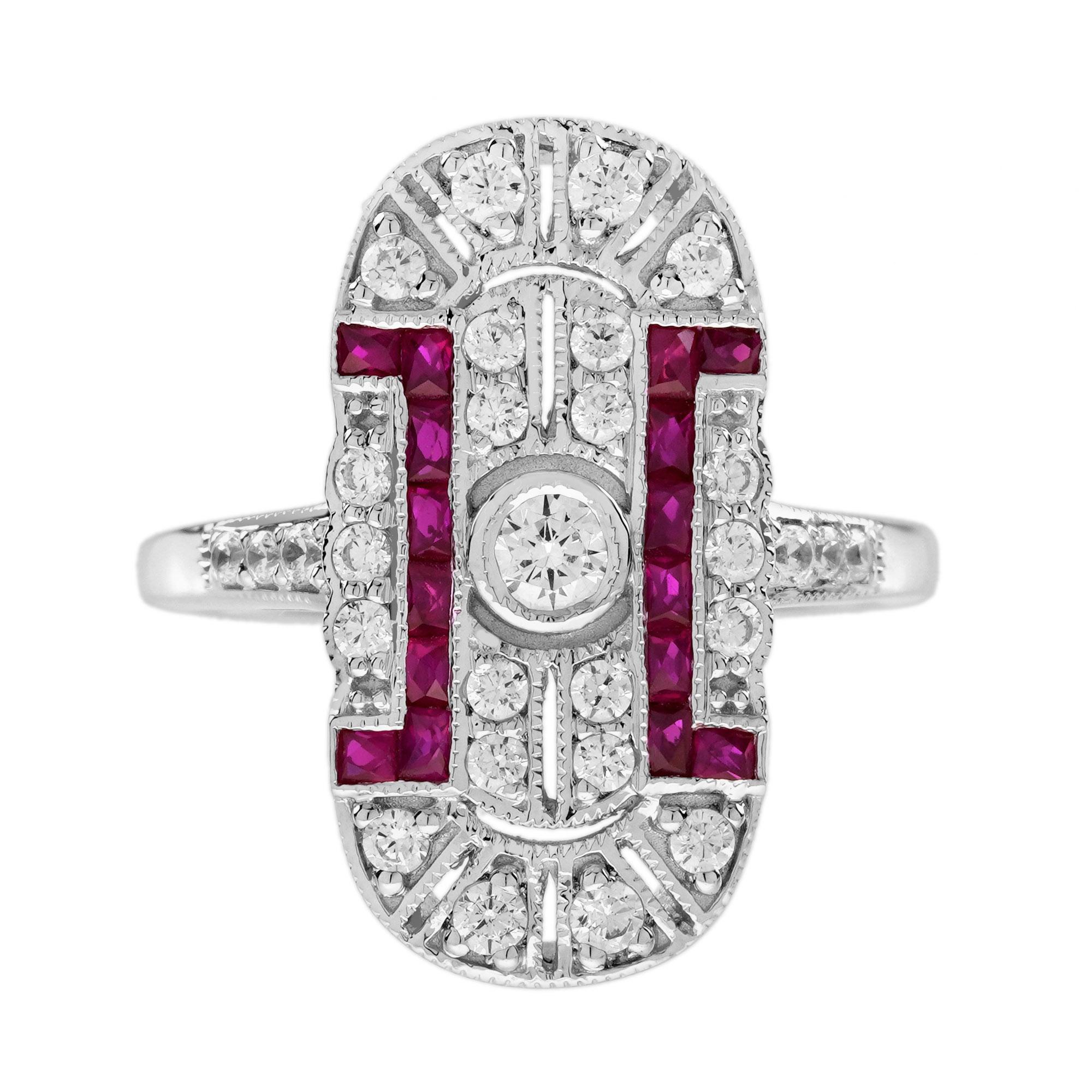 Entra in un mondo di eleganza senza tempo con questo squisito anello da cocktail traforato con diamante e rubino in stile Art Deco in oro bianco. Questo splendido pezzo presenta un design traforato di forma ovale, caratteristico dell'epoca glamour