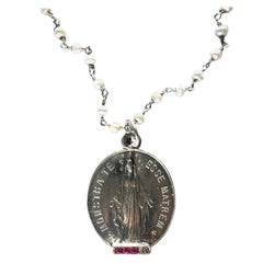 Diamond Ruby Virgin Mary Oval Medal Silver Necklace Pearl Rosario Chain
