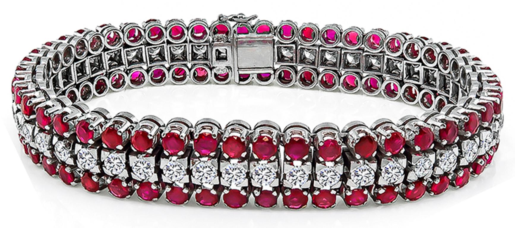 This elegant 18k white gold bracelet is set with sparkling European cut diamonds that weigh approximately 3.75ct. graded H color with VS clarity. The diamonds are accentuated by lovely round cut rubies that weigh approximately 9.00ct. The bracelet