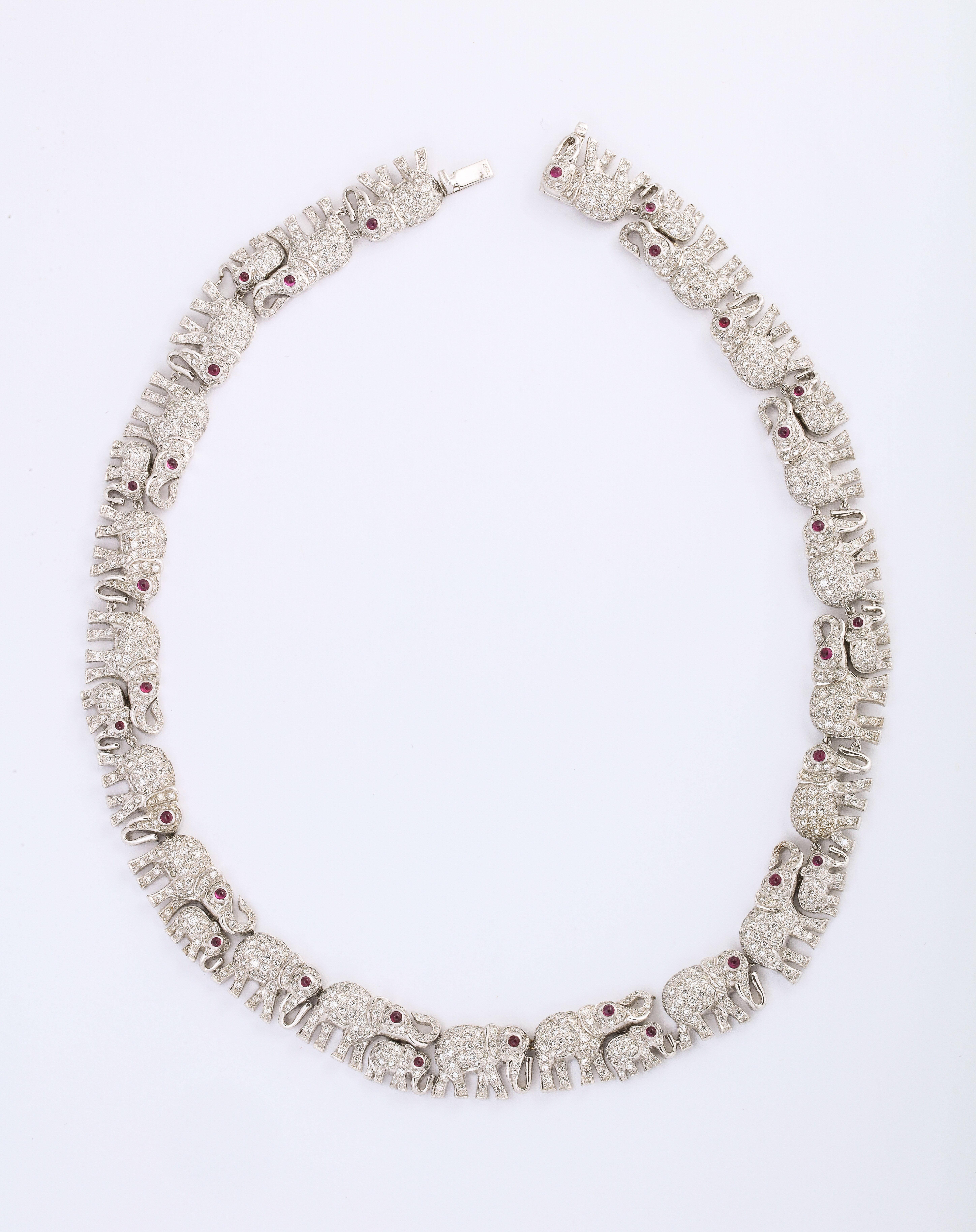 Diamond Ruby White Gold Elephant Necklace and Bracelet Set For Sale 1