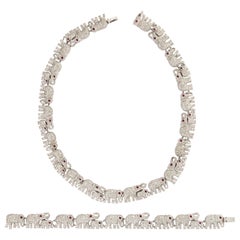 Diamond Ruby White Gold Elephant Necklace and Bracelet Set