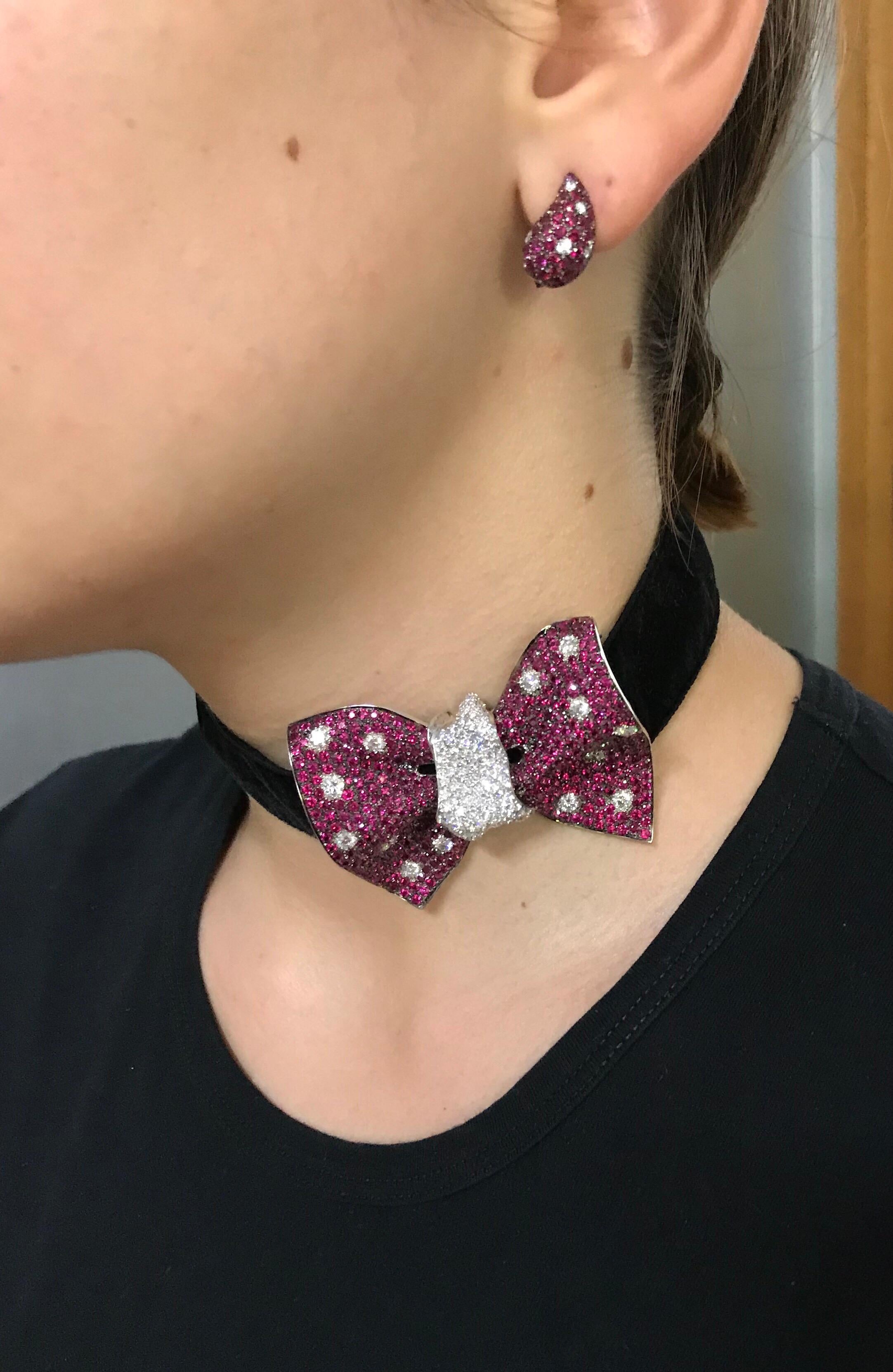 Contemporary Diamond Ruby White Gold Handcrafted in Italy Papillon Bow Chocker Brooch For Sale