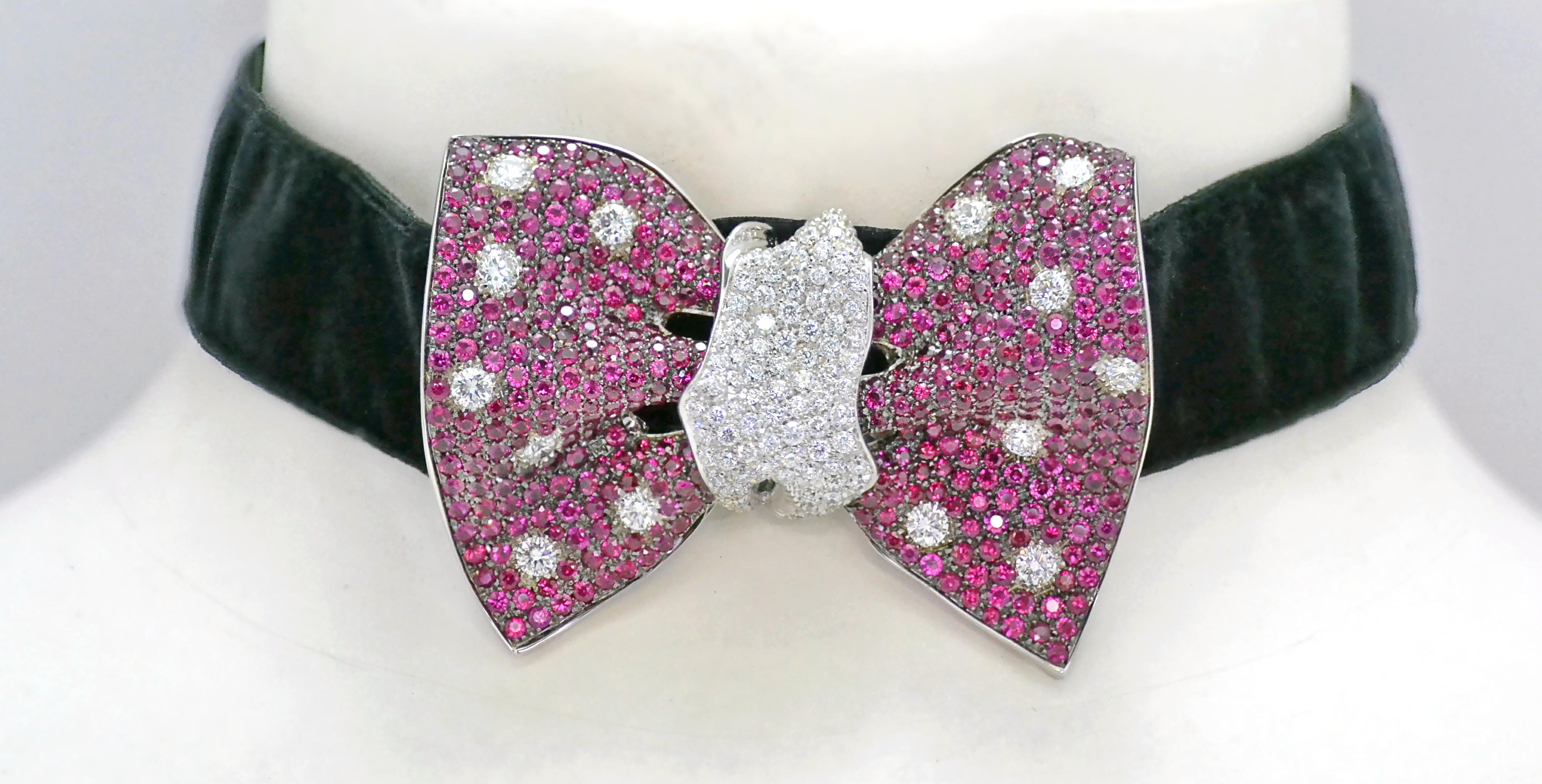 Round Cut Diamond Ruby White Gold Handcrafted in Italy Papillon Bow Chocker Brooch For Sale