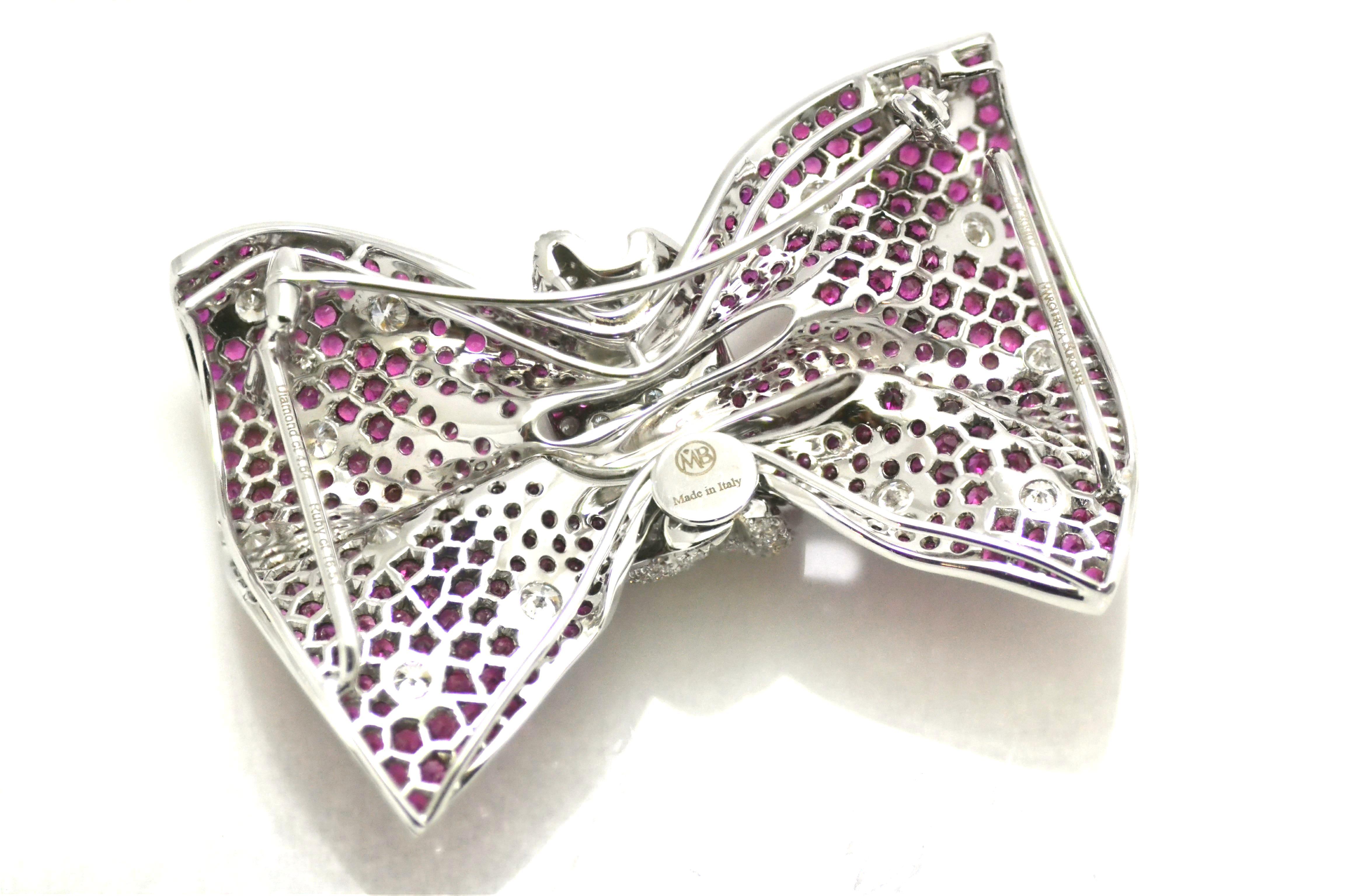 Diamond Ruby White Gold Handcrafted in Italy Papillon Bow Chocker Brooch In New Condition For Sale In Valenza , IT