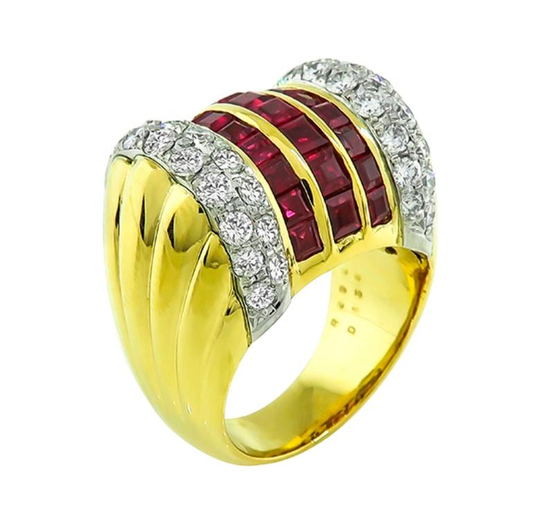 Made of 18k yellow and white gold this ring is set with sparkling round cut diamonds that weigh 1.52ct graded H color with VS clarity. The diamonds are accentuated by lovely square faceted cut rubies that weigh approximately 2.92ct. The ring is