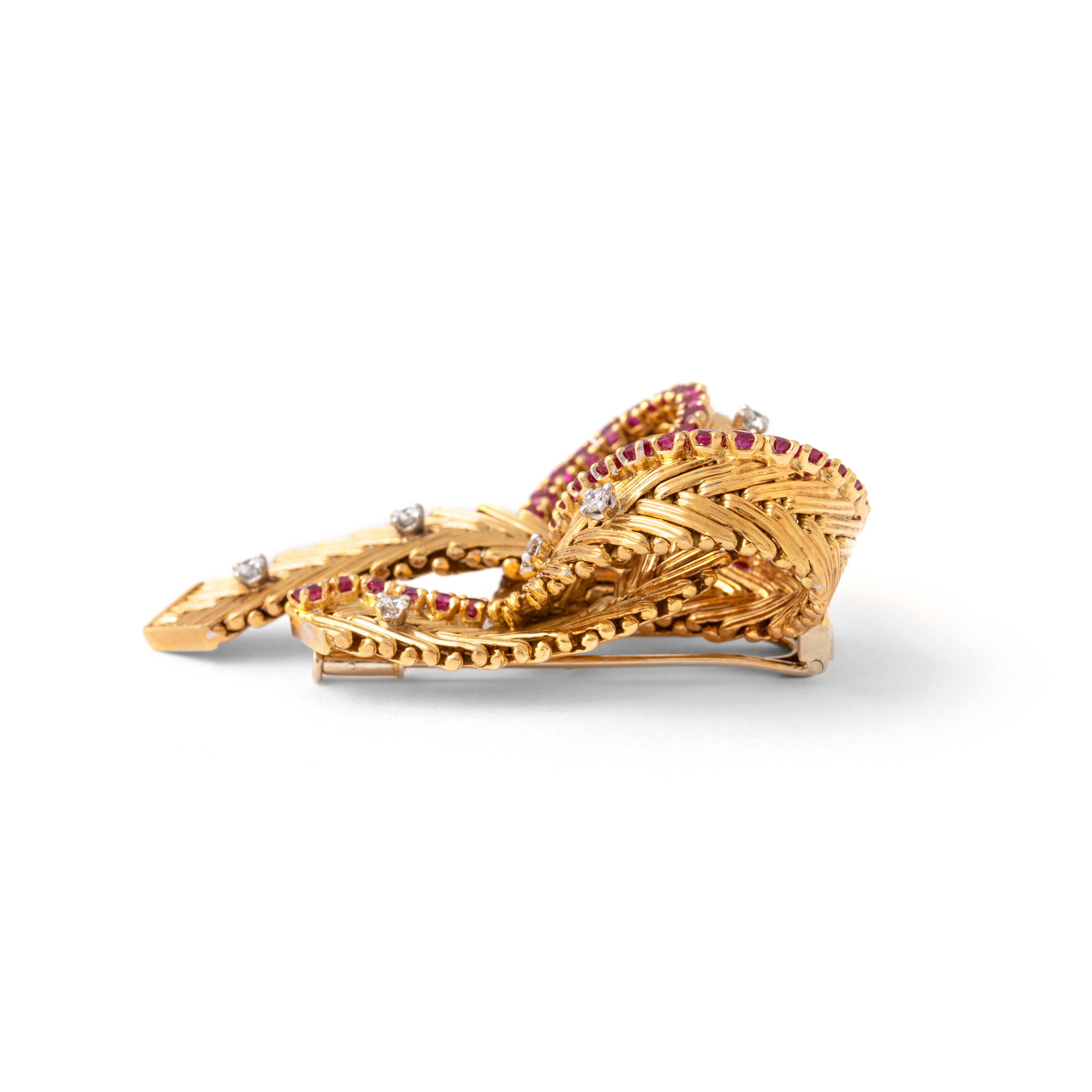 Modern Diamond Ruby Yellow Gold 18K Brooch 1960S For Sale