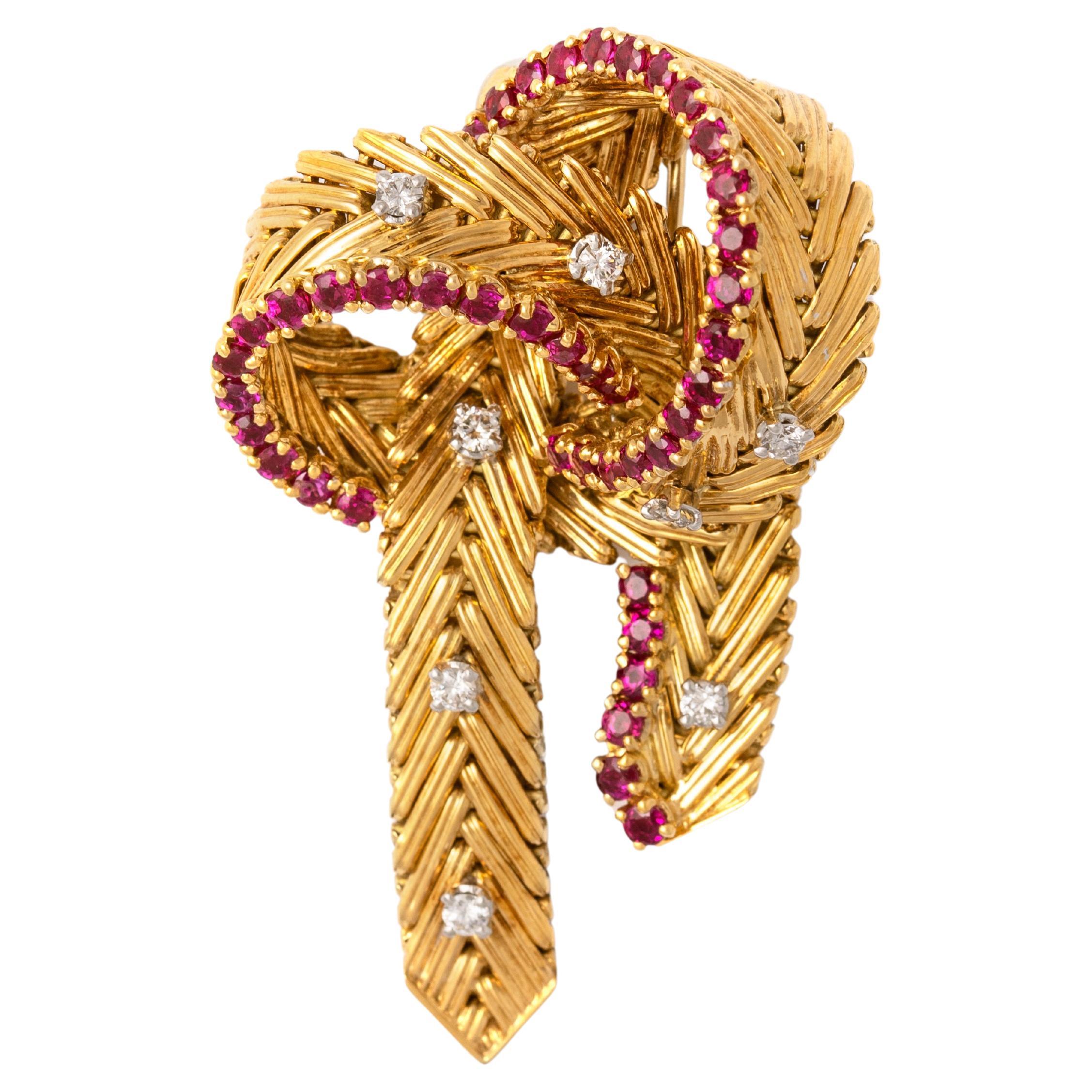 Diamond Ruby Yellow Gold 18K Brooch 1960S