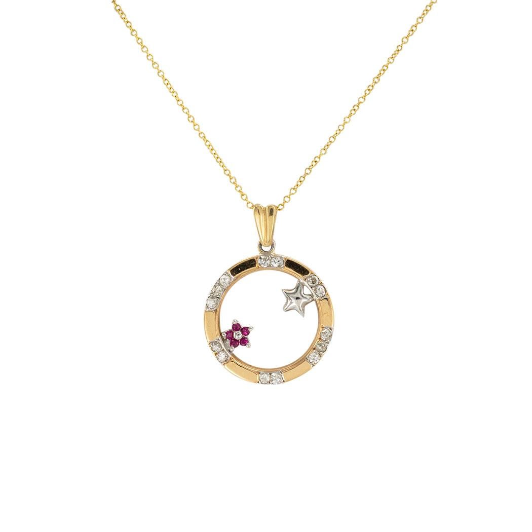 Diamond Ruby and yellow gold circle pendant necklace circa 1980. Clear and concise information you want to know is listed below.  Contact us right away if you have additional questions.  We are here to connect you with beautiful and affordable