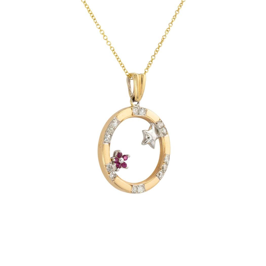 Contemporary Diamond Ruby Yellow Gold Circle Pendant Necklace