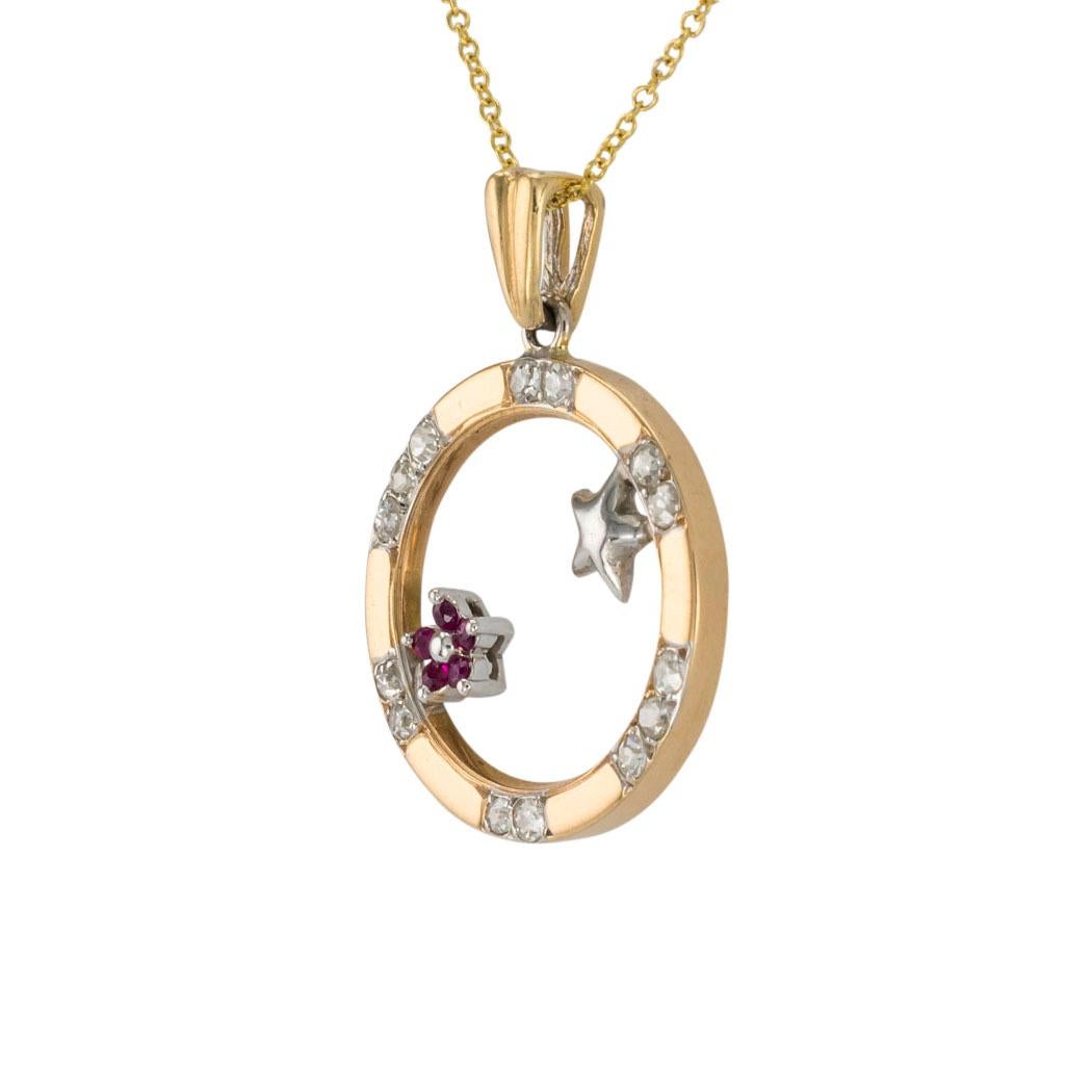 Round Cut Diamond Ruby Yellow Gold Circle Pendant Necklace