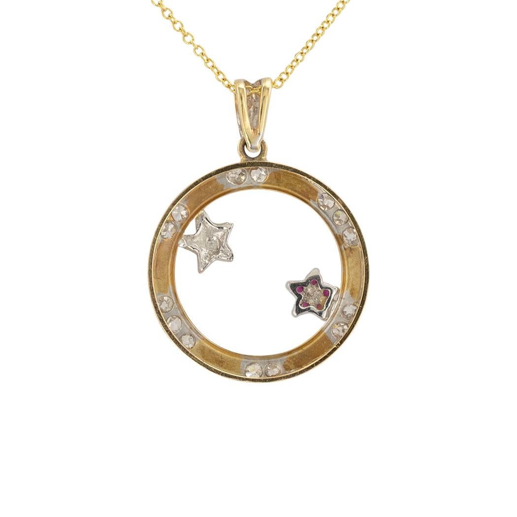 Diamond Ruby Yellow Gold Circle Pendant Necklace In Good Condition In Los Angeles, CA