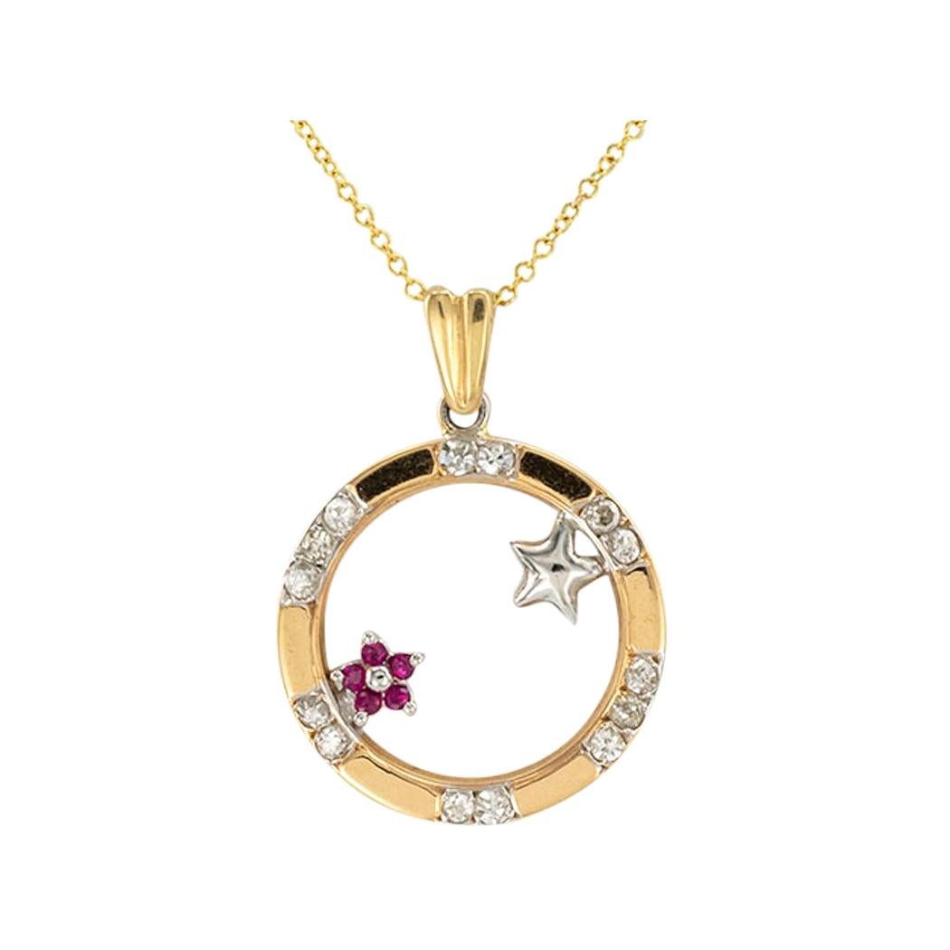 Diamond Ruby Yellow Gold Circle Pendant Necklace