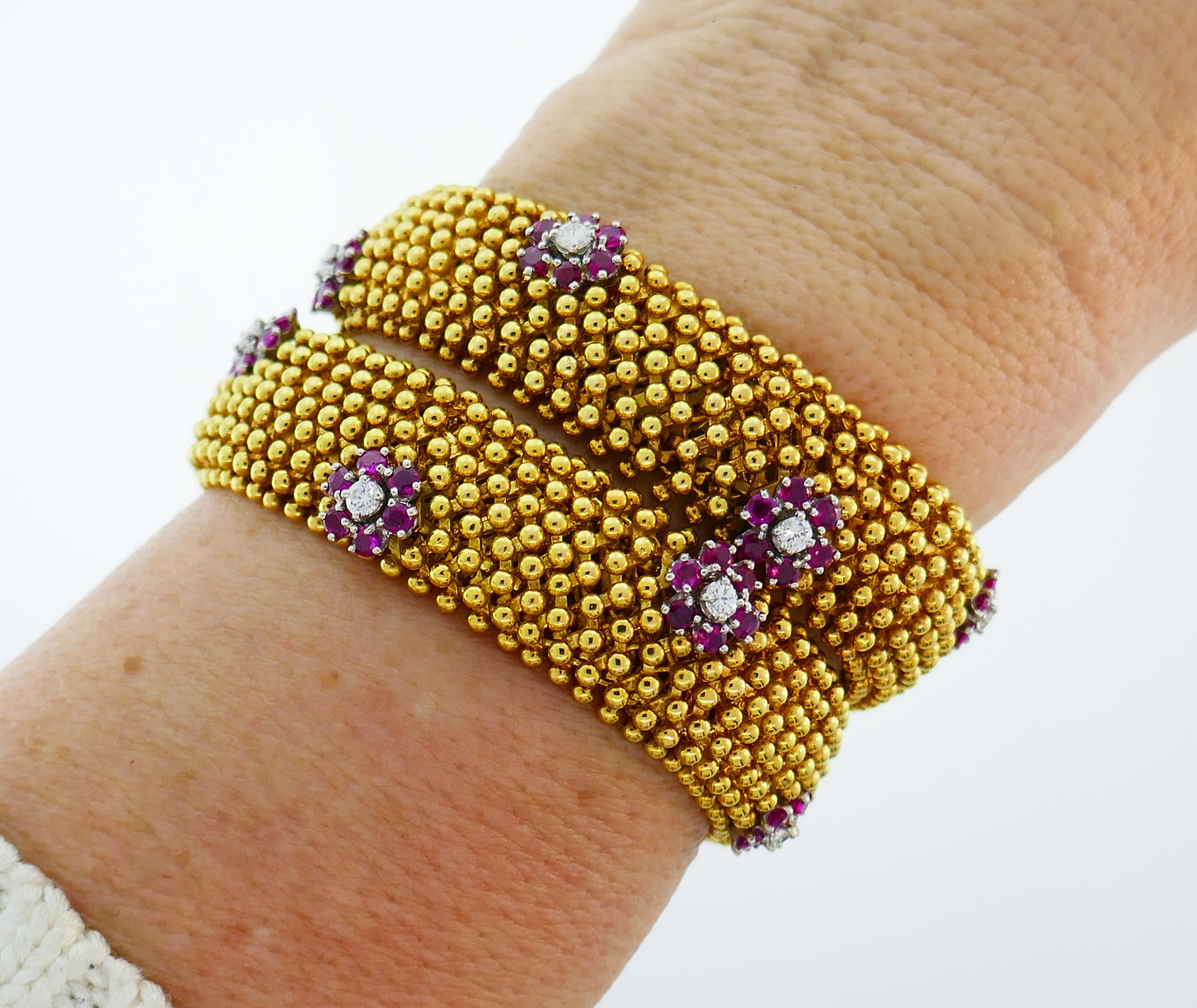 Diamond Ruby Yellow Gold Couscous Bracelet Pair, 1970s In Good Condition In Beverly Hills, CA