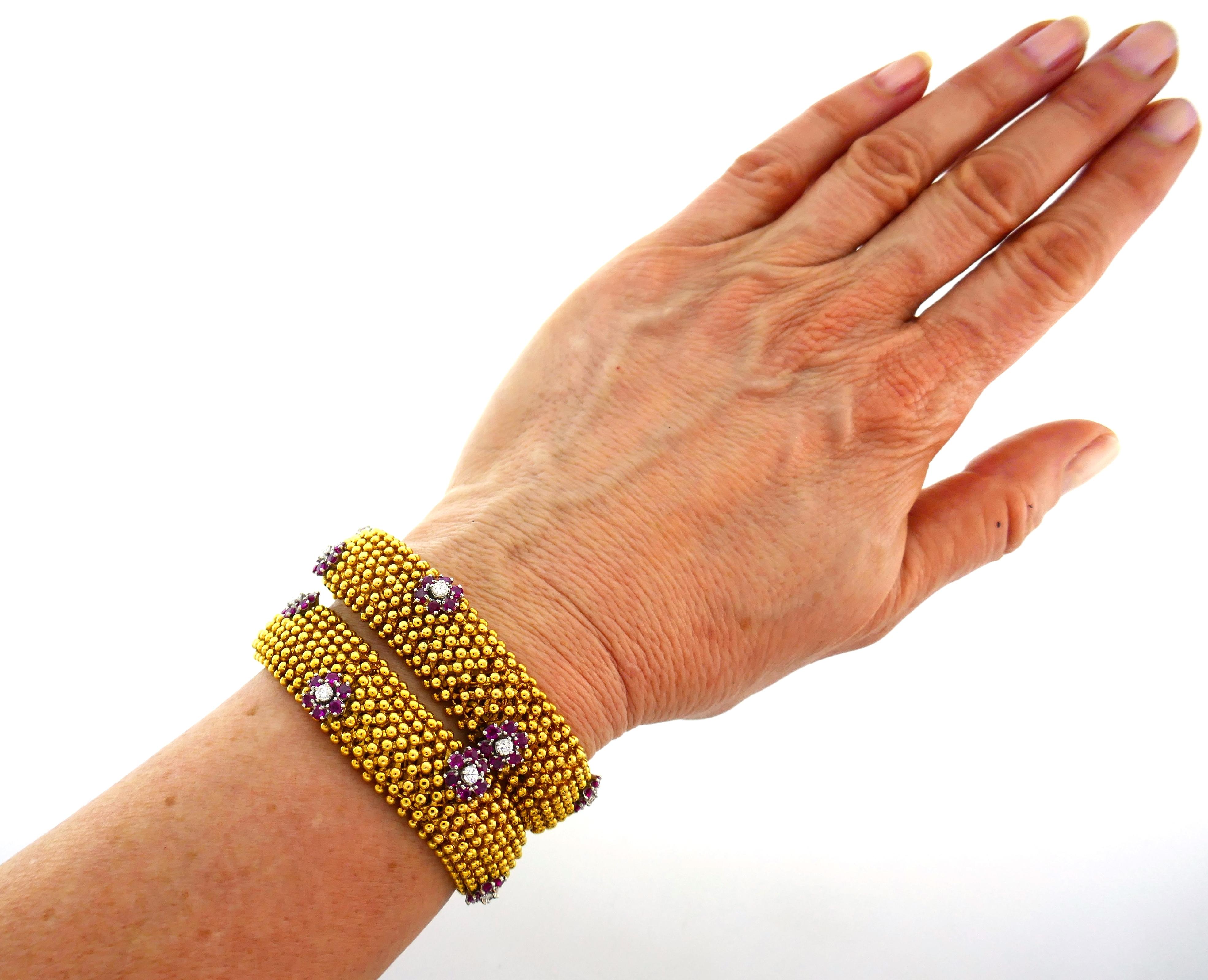 Women's Diamond Ruby Yellow Gold Couscous Bracelet Pair, 1970s
