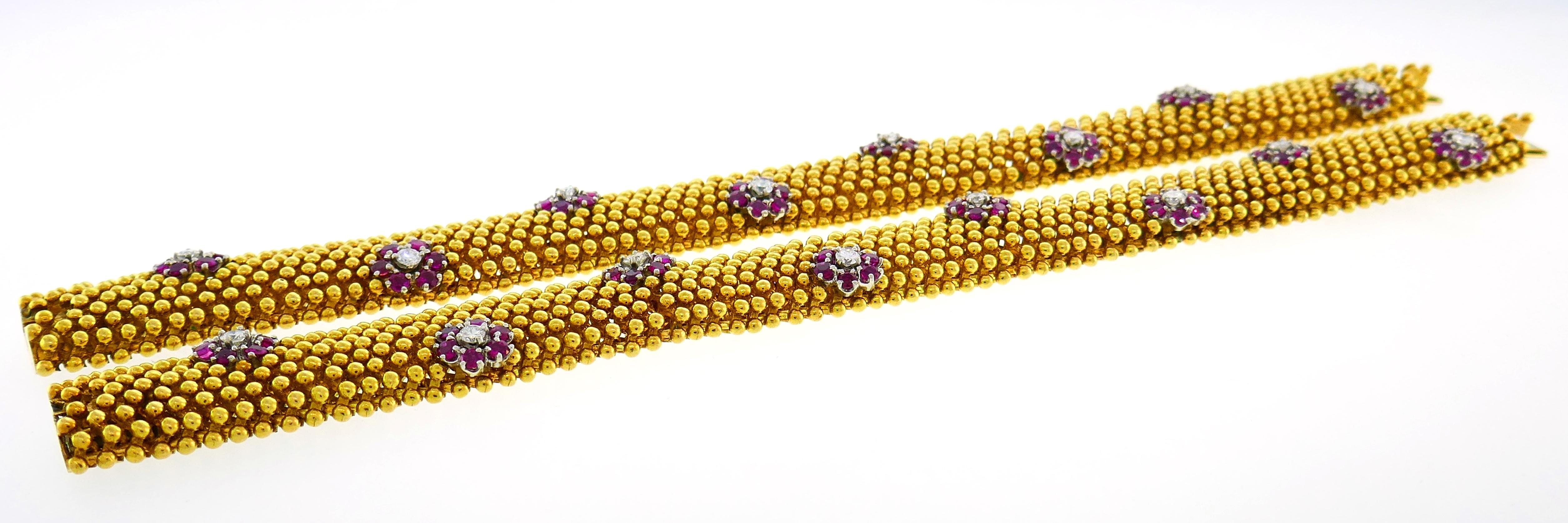 Diamond Ruby Yellow Gold Couscous Bracelet Pair, 1970s 1
