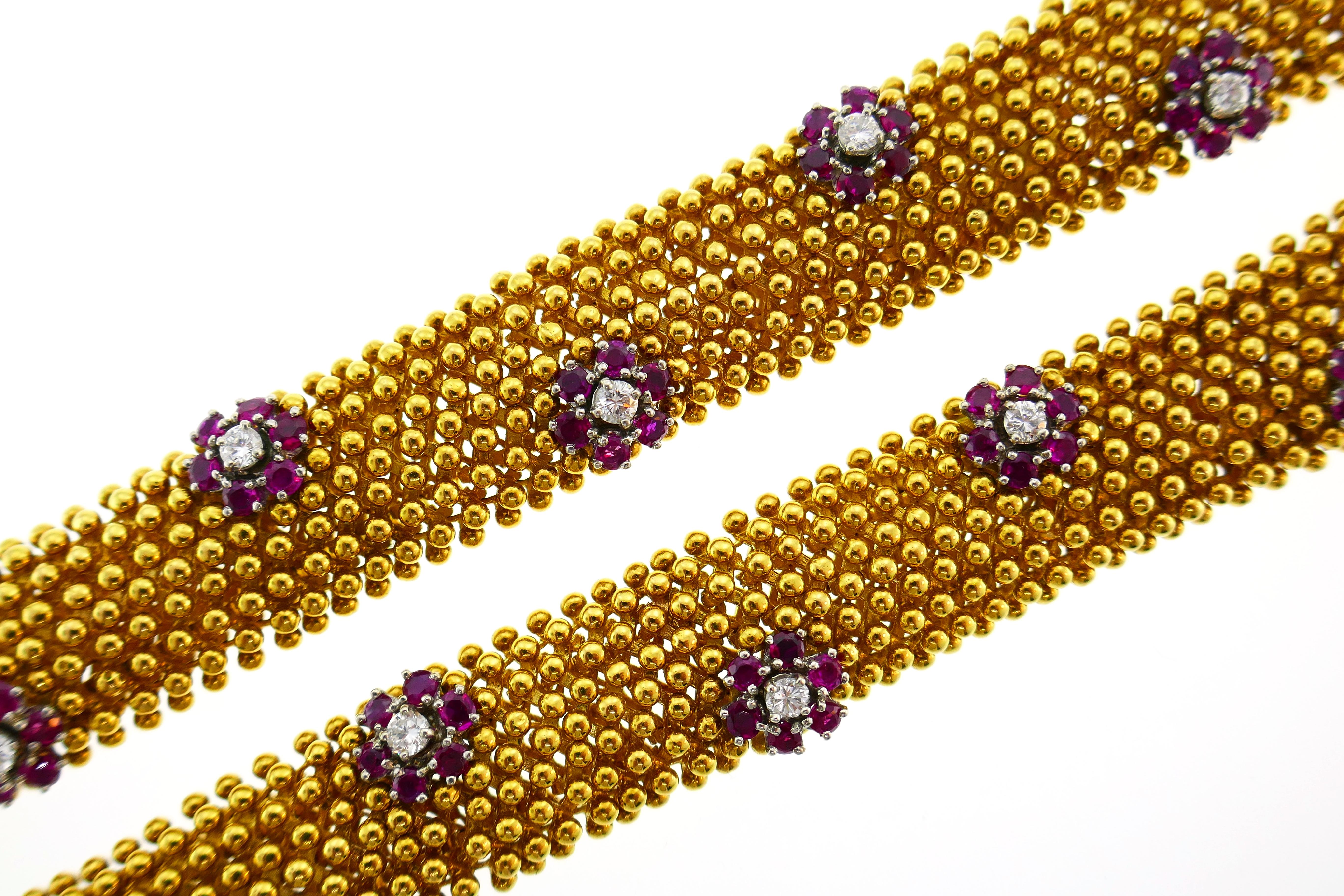 Diamond Ruby Yellow Gold Couscous Bracelet Pair, 1970s 2