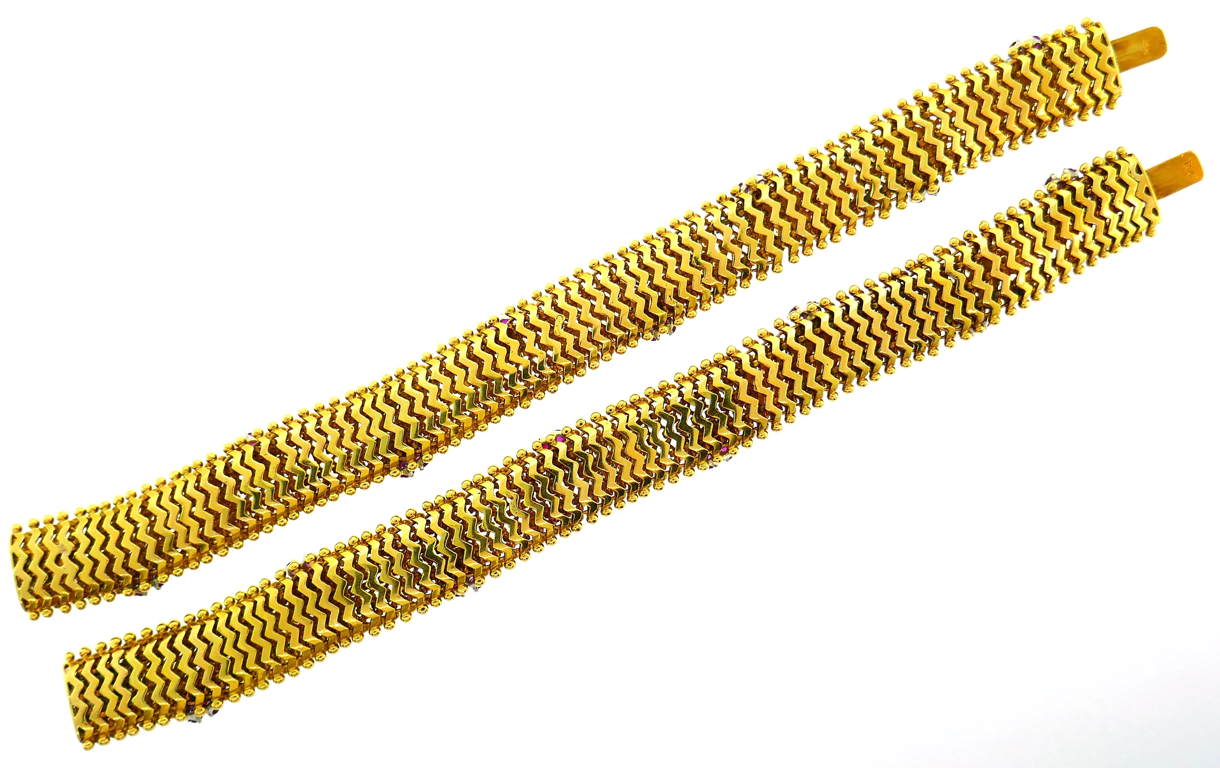 Diamond Ruby Yellow Gold Couscous Bracelet Pair, 1970s 3