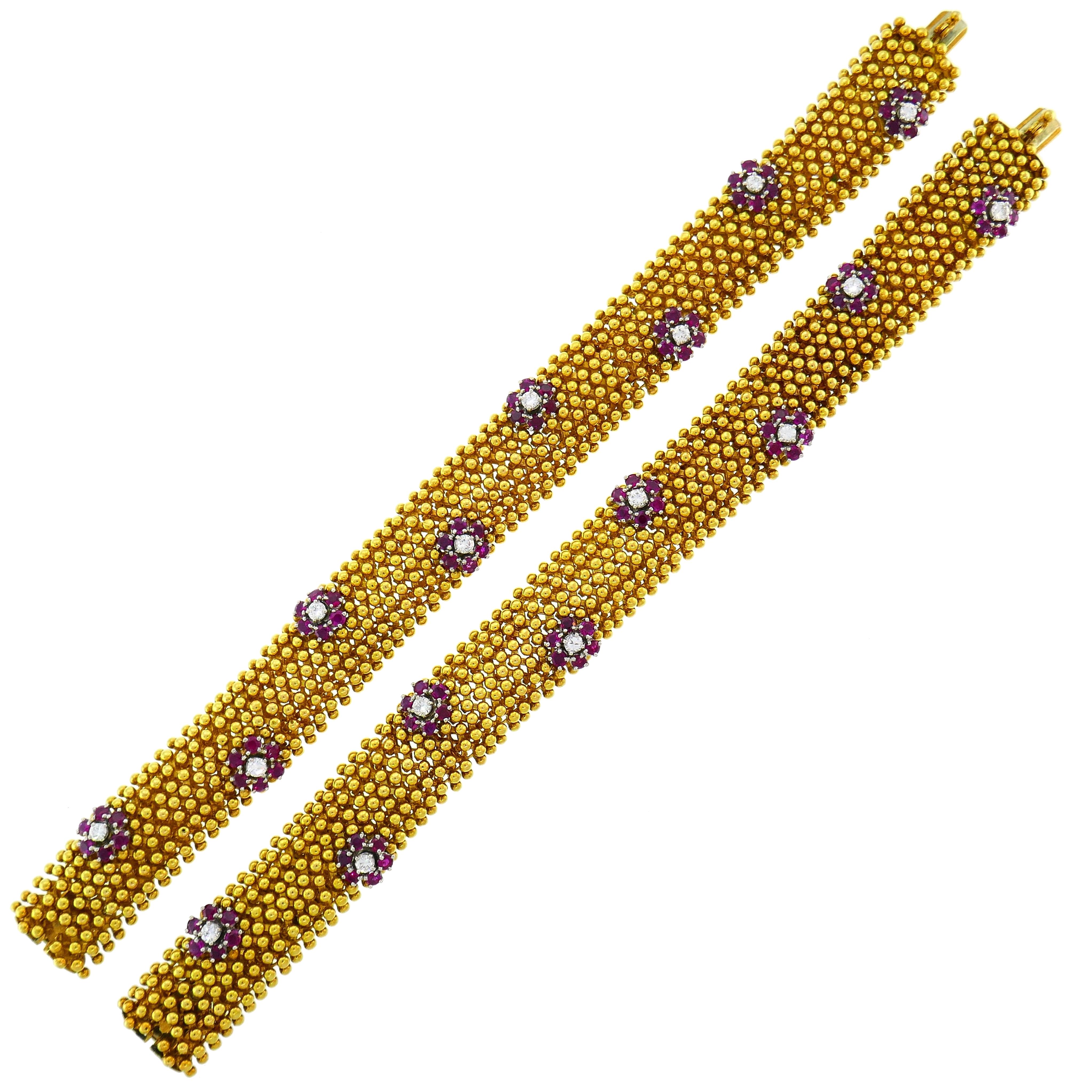 Diamond Ruby Yellow Gold Couscous Bracelet Pair, 1970s