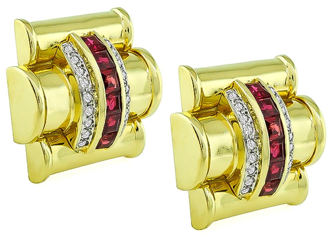 Women's or Men's Diamond Ruby Yellow Gold Earrings For Sale