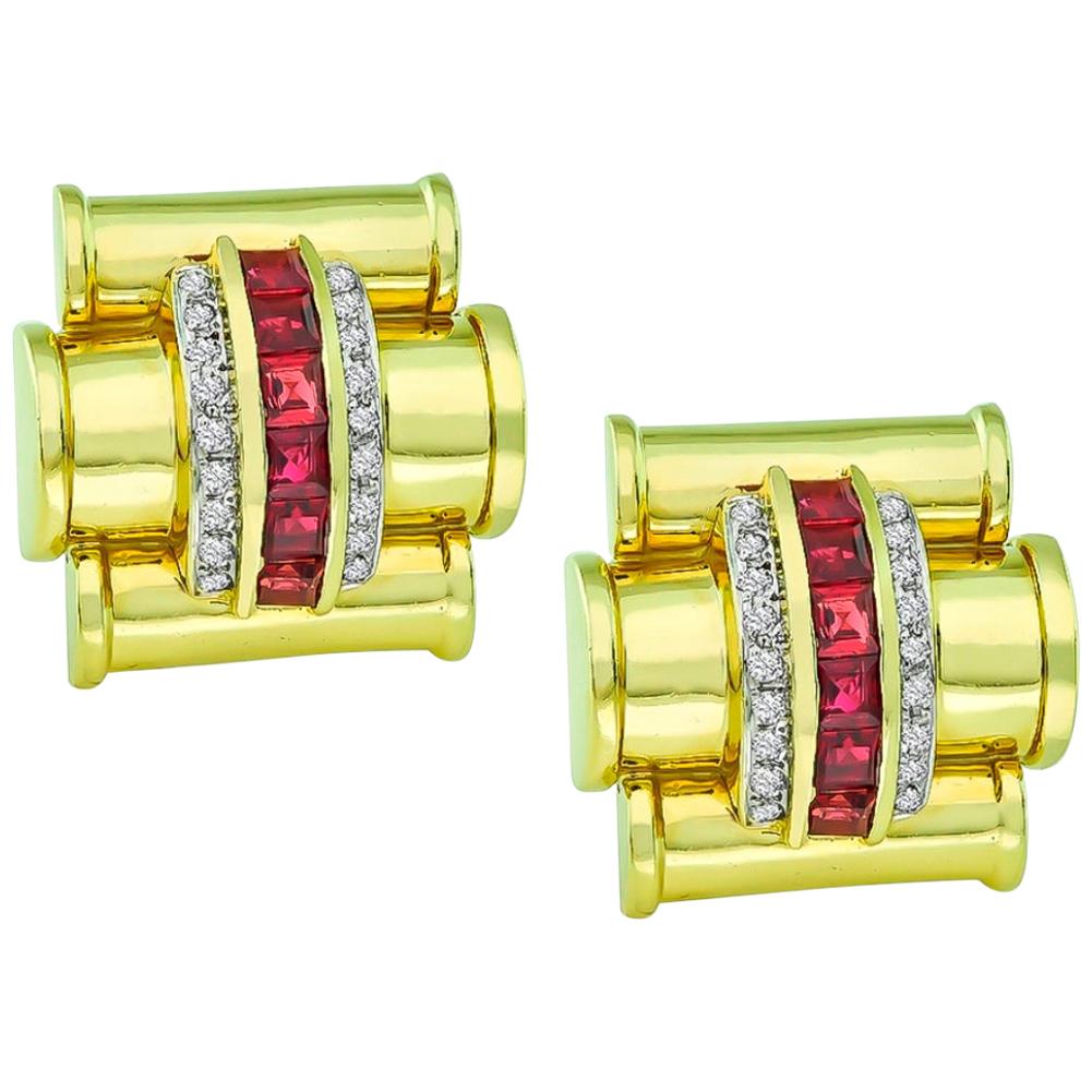 Diamond Ruby Yellow Gold Earrings For Sale