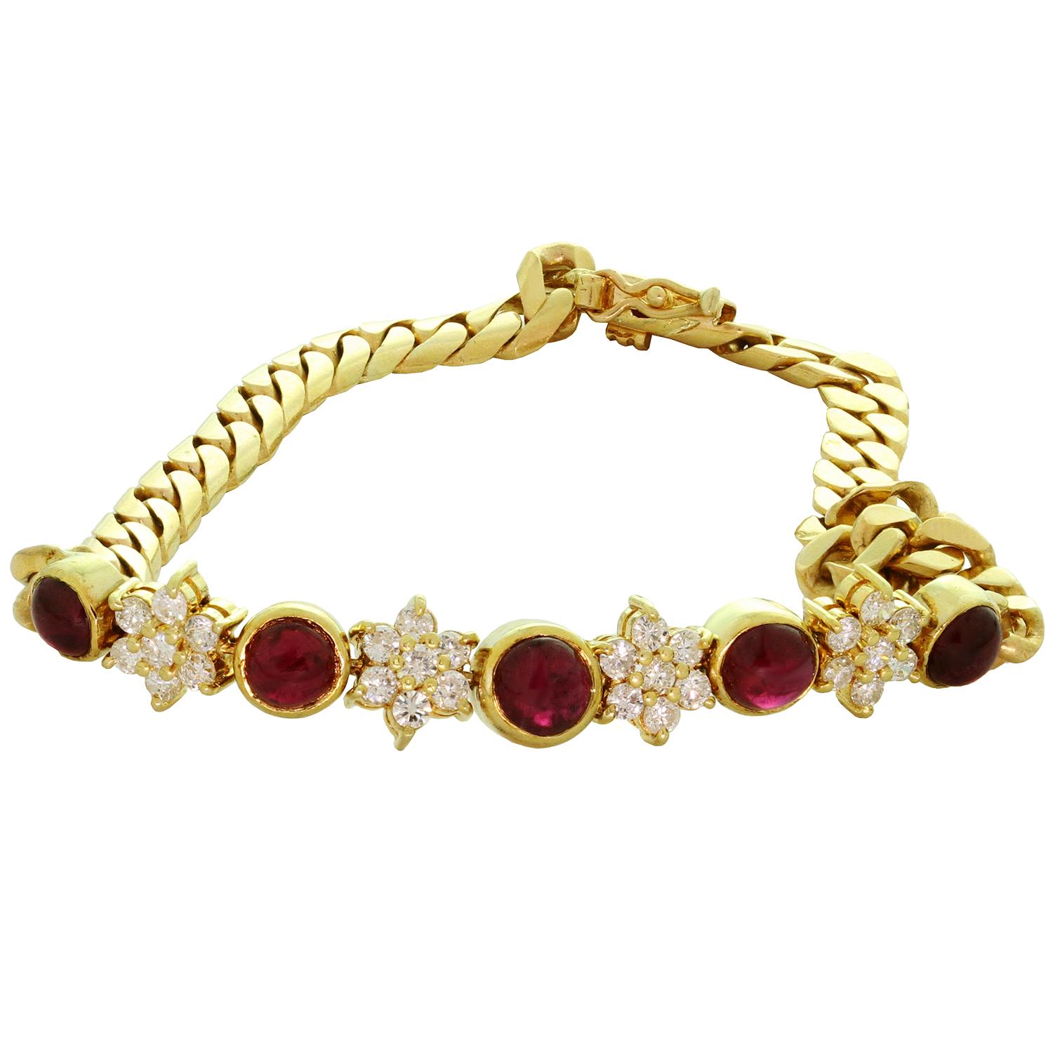 Cabochon Diamond Ruby 18k Yellow Gold Flower Bracelet For Sale