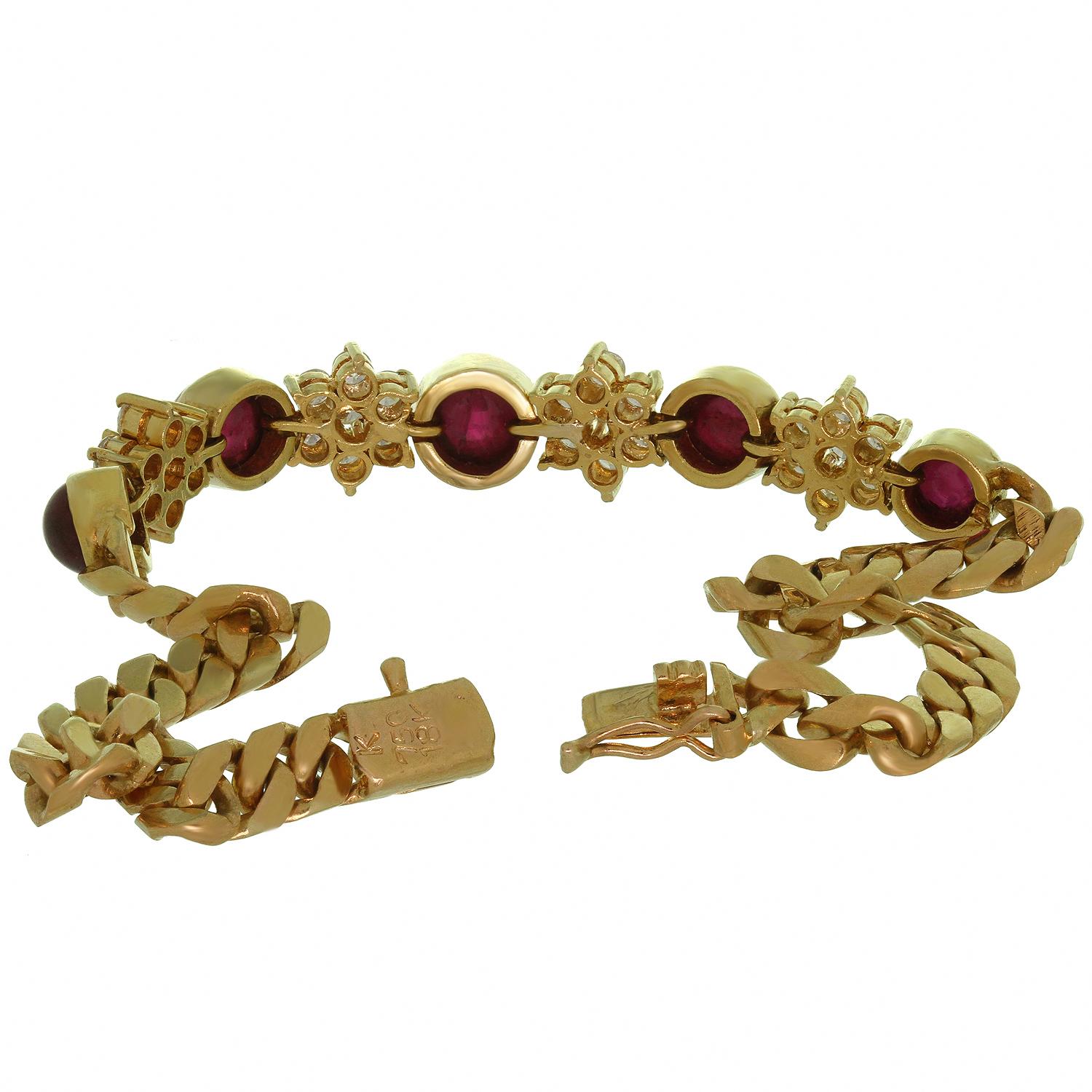 Women's Diamond Ruby 18k Yellow Gold Flower Bracelet For Sale
