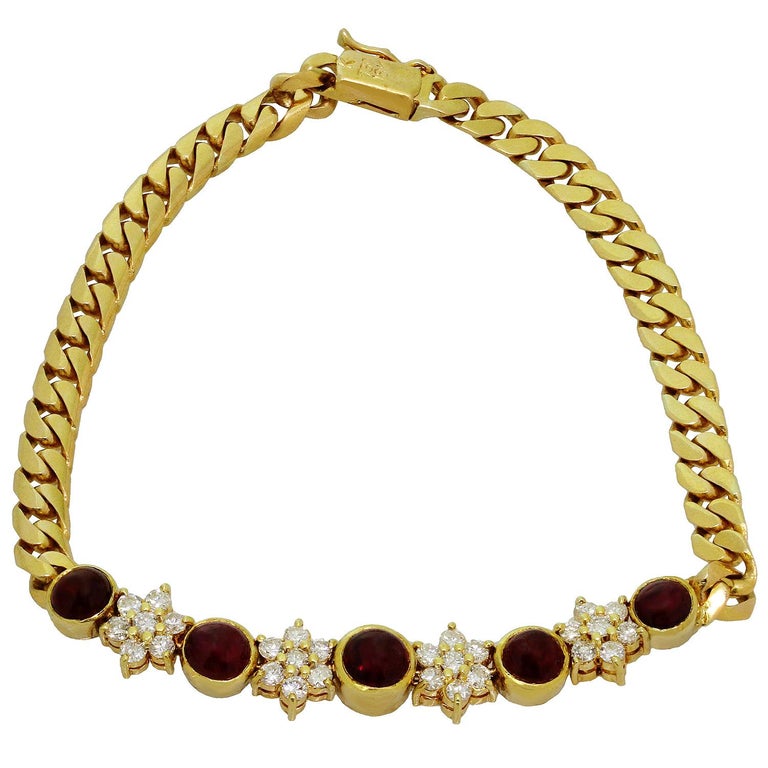 Diamond Ruby Yellow Gold Flower Bracelet For Sale